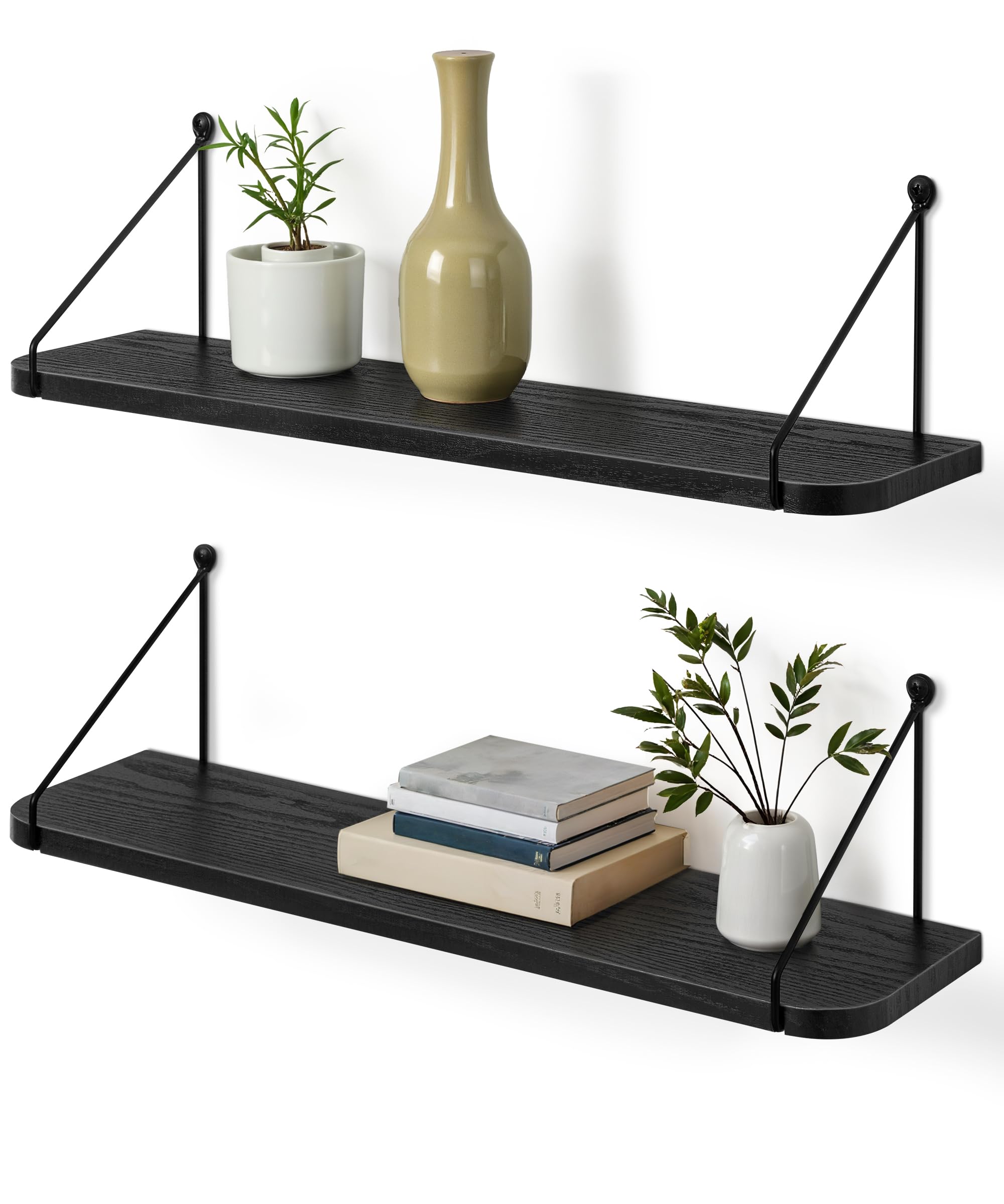 Afuly 24in Floating Shelves for Wall, Black Wooden Shelves with Triangular Brackets for Bathroom, Living Room, Bedroom, Kitchen,