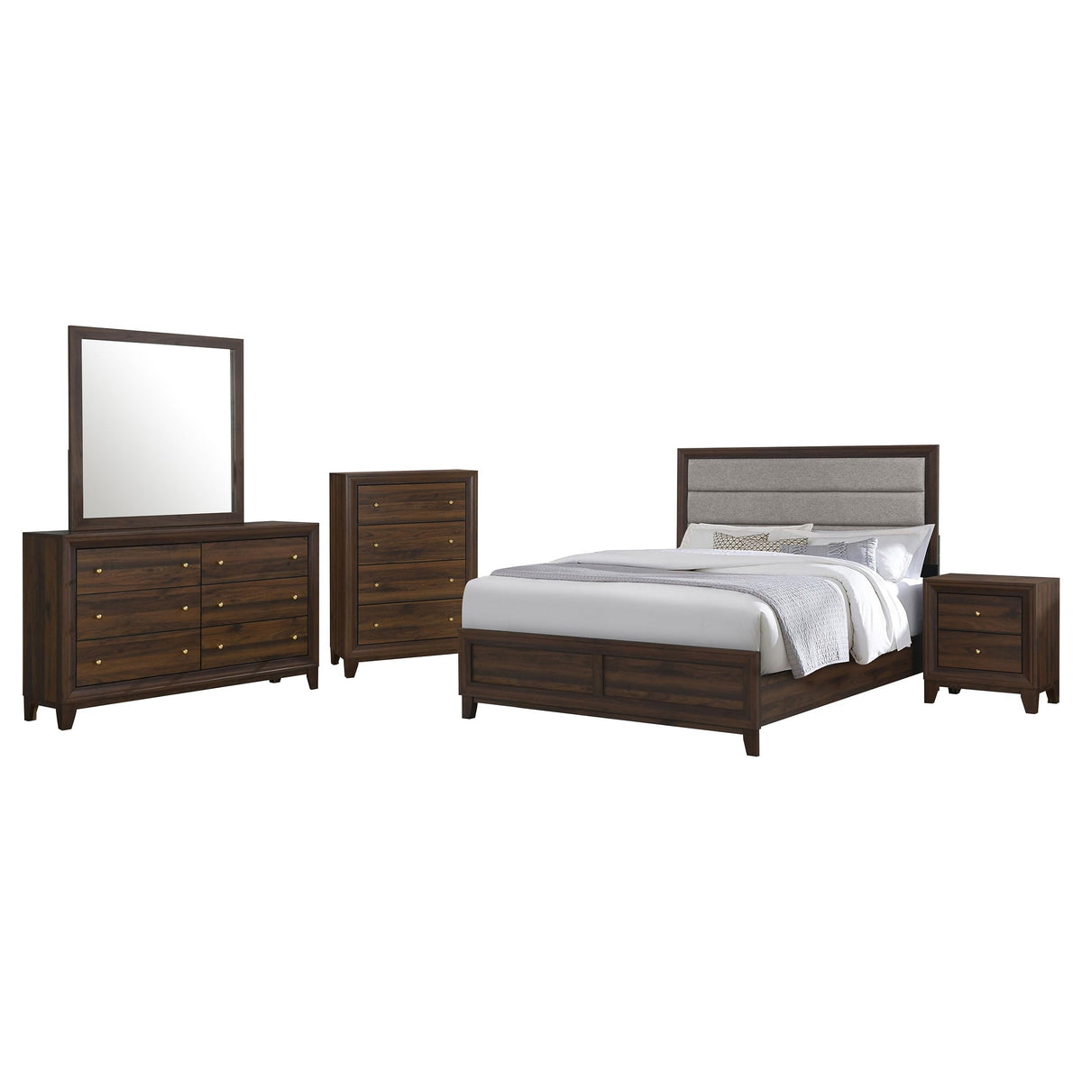 Coaster Home Furnishings Welsley Transitional 5-Piece Bedroom Set Fabric Upholstered Eastern King Size Panel Bed Frame 50-inch Headboard Walnut 223441KE-S5