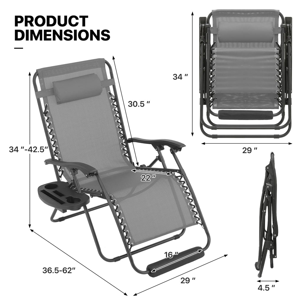 Monibloom 29-Inch Oversized Zero Gravity Chairs Set Of 2, Patio Anti Gravity Recliner, Xl Foldable Outdoor Lounger With Cup Holder Tray, Headrest And Footrest For Beach Camping, Grey
