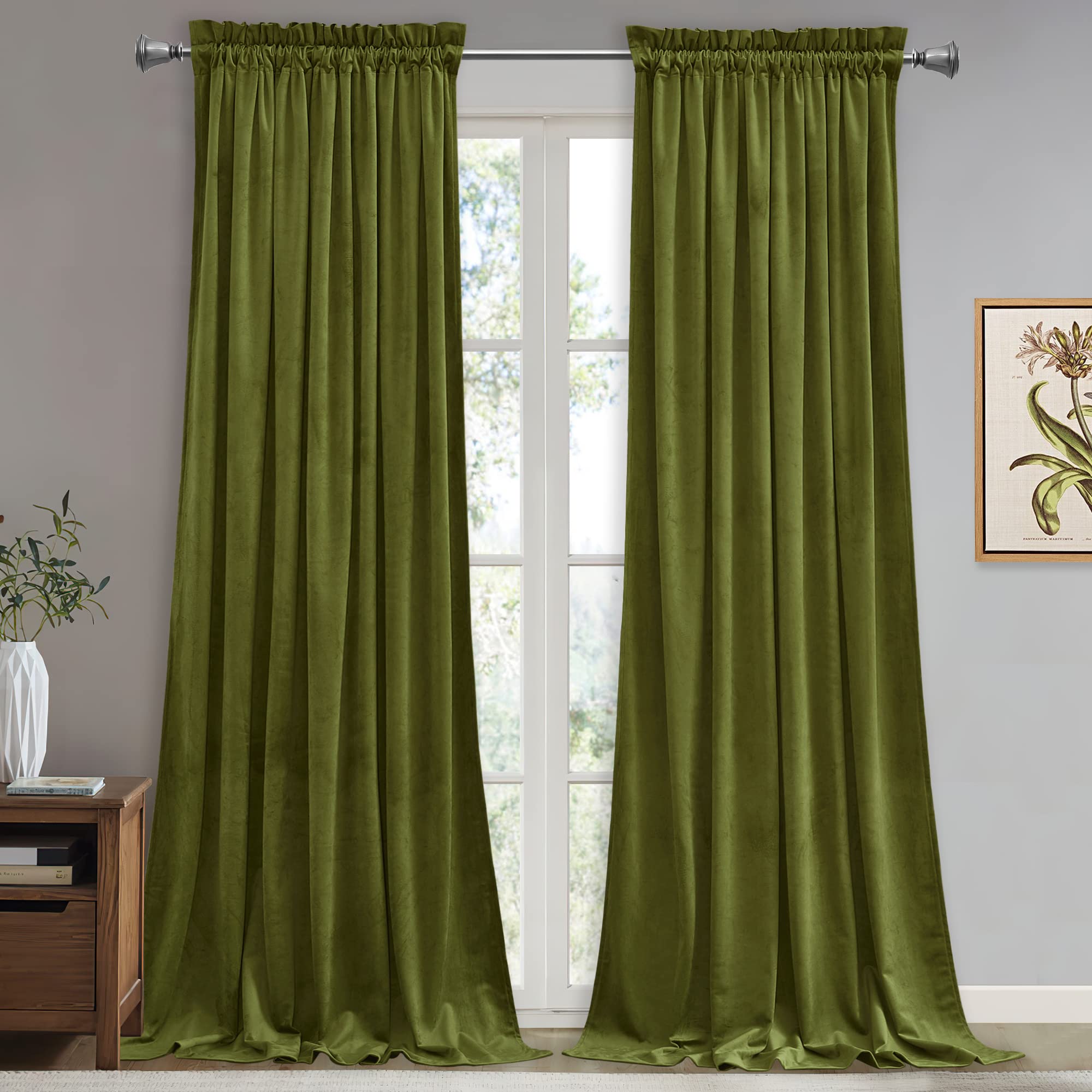 Stangh Olive Green Velvet Curtains 96 Inches Long For Living Room, Thermal Insulated Blackout Window Drapes For Sliding Door, Ho