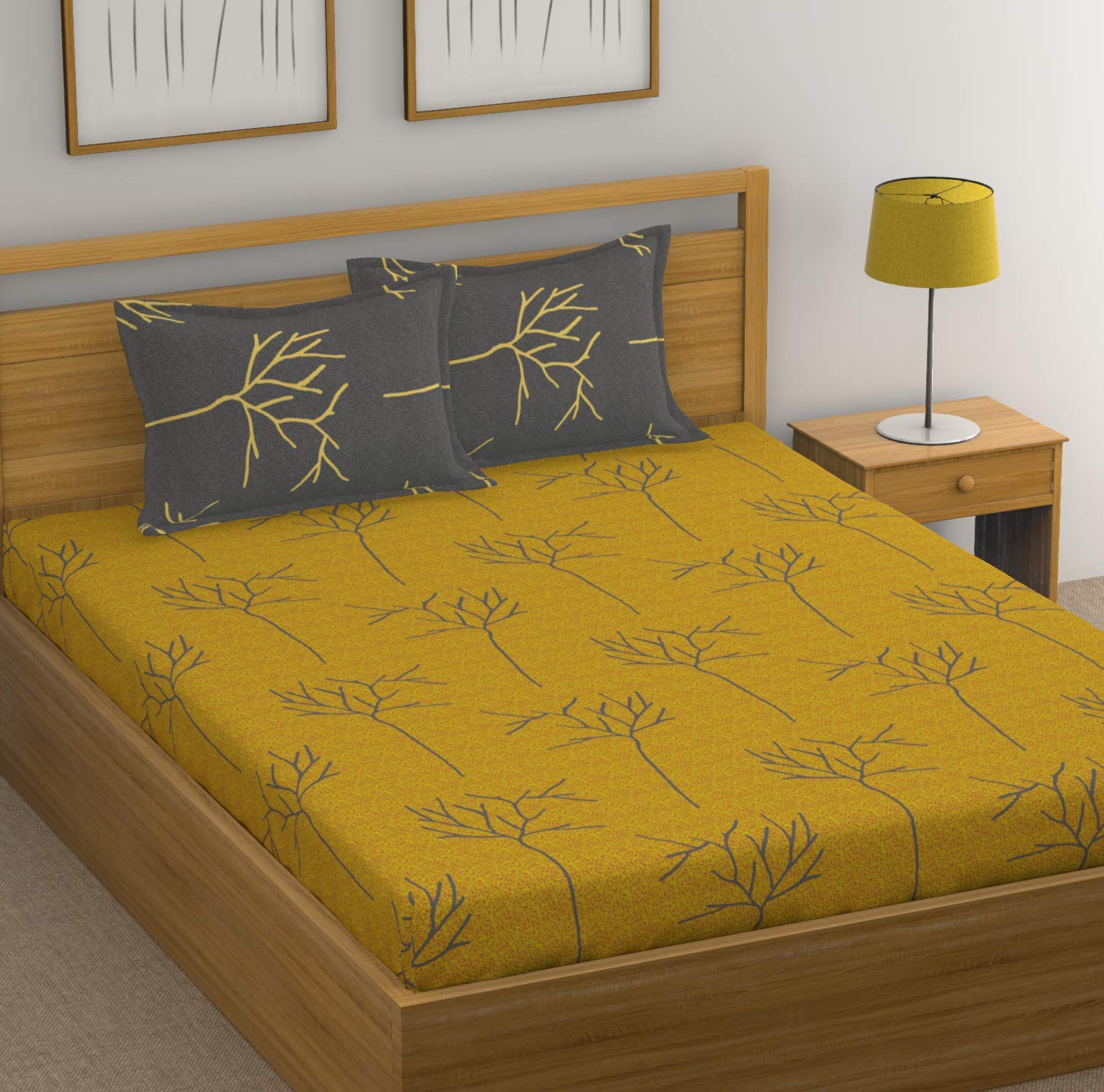 Huesland By Ahmedabad Cotton 144 Tc Cotton Bedsheet For Double Bed With 2 Pillow Covers  Yellow And Grey