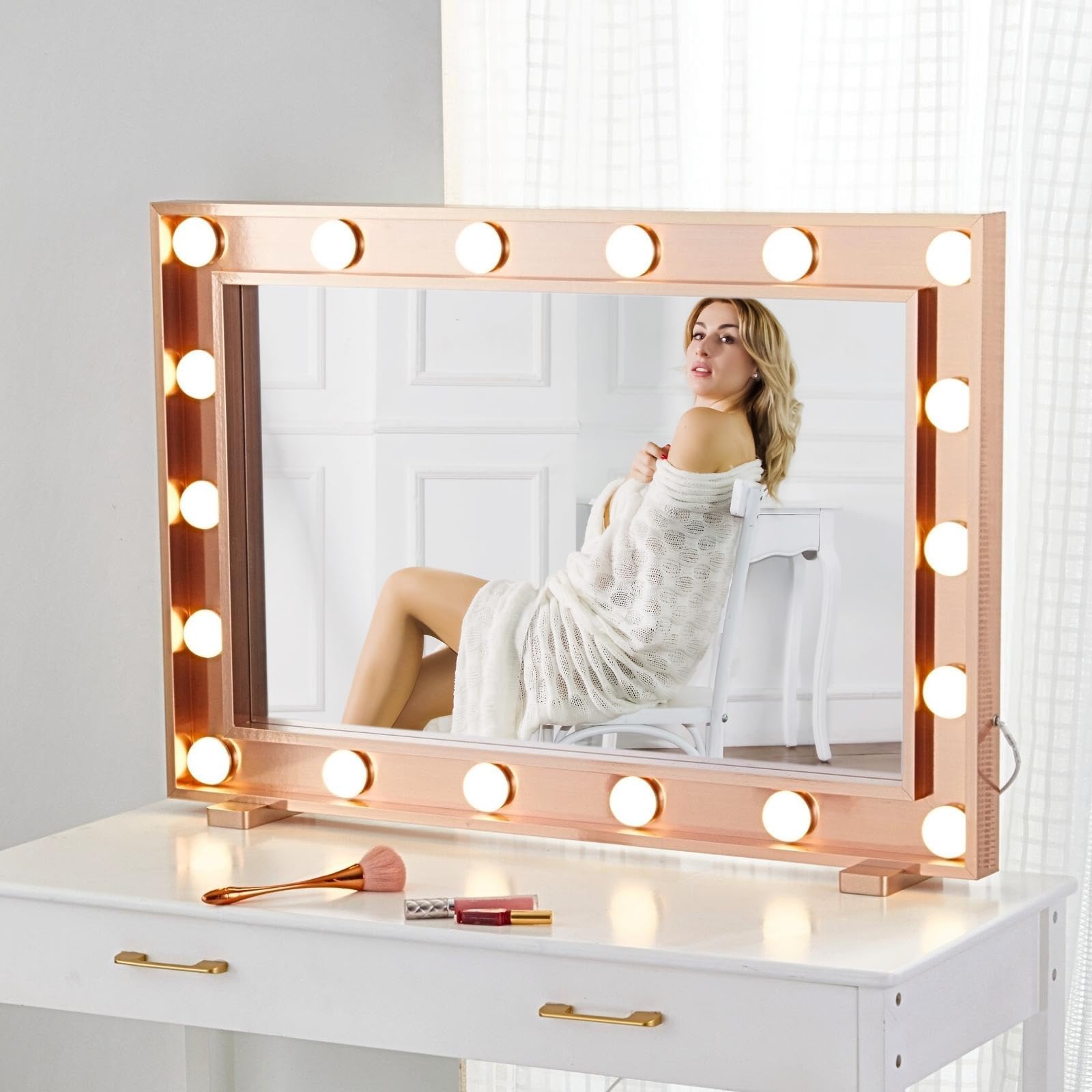 LUXFURNI Vanity Mirror with Lights, Lighted Makeup Mirror with 14 Dimmable Bulbs, Tabletop RGB Color Changing LED Mirror, 3 Colo