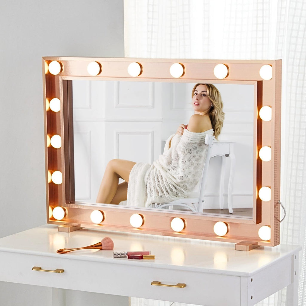 LUXFURNI Vanity Mirror with Lights, Lighted Makeup Mirror with 14 Dimmable Bulbs, Tabletop RGB Color Changing LED Mirror, 3 Colo
