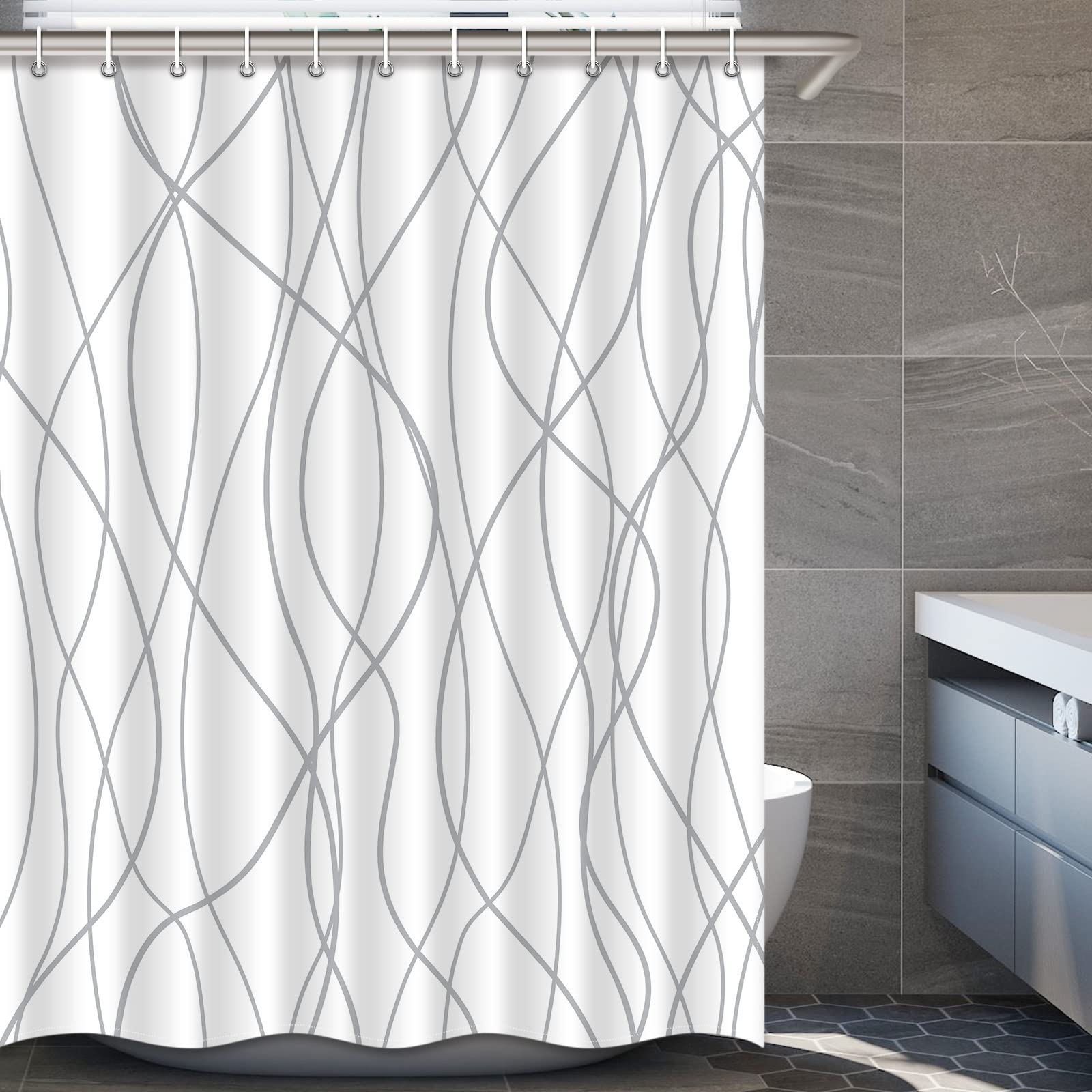 Punkray Grey and White Striped Polyester Shower Curtain for Bathroom with Hooks, Weighted Hem, Waterproof Bath Accessories Hotel