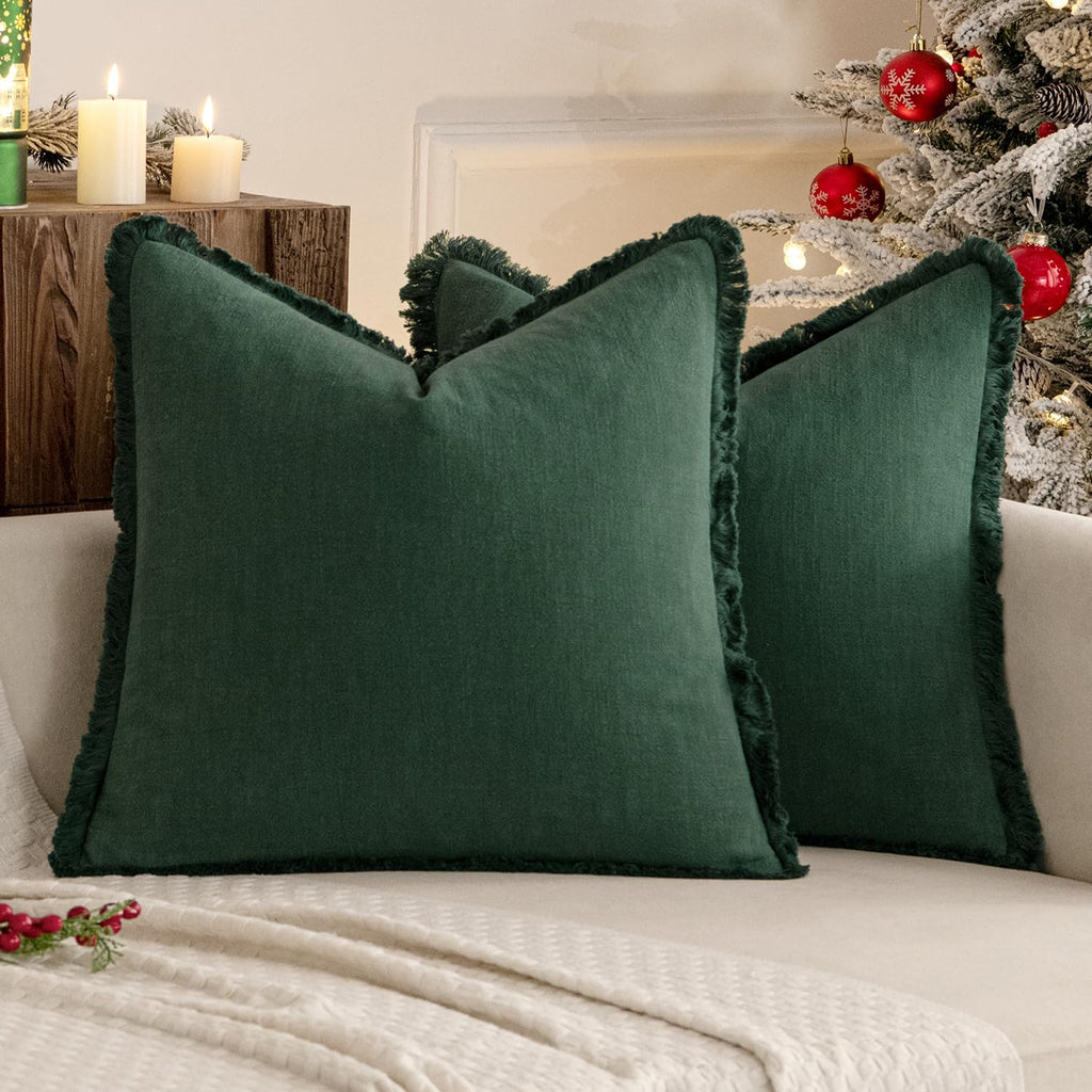 Miulee Decorative Throw Pillow Covers Neutral Linen Fringe Throw Pillows Set Of 2 Army Green Boho Farmhouse Cushion Covers With Tassels For Couch Sofa Bed Living Room Spring Home Decor 18X18 Inch