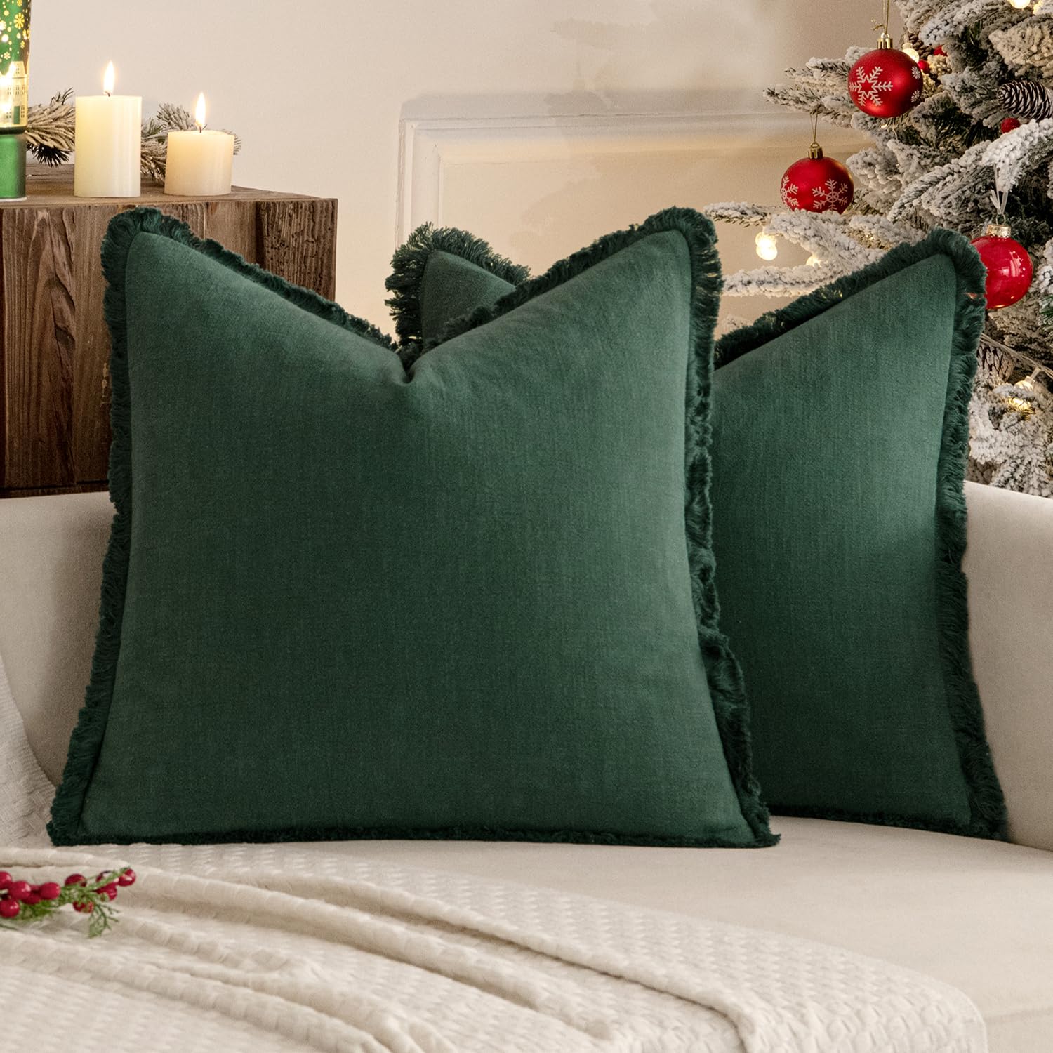 Miulee Decorative Throw Pillow Covers Neutral Linen Fringe Throw Pillows Set Of 2 Army Green Boho Farmhouse Cushion Covers With Tassels For Couch Sofa Bed Living Room Spring Home Decor 18X18 Inch