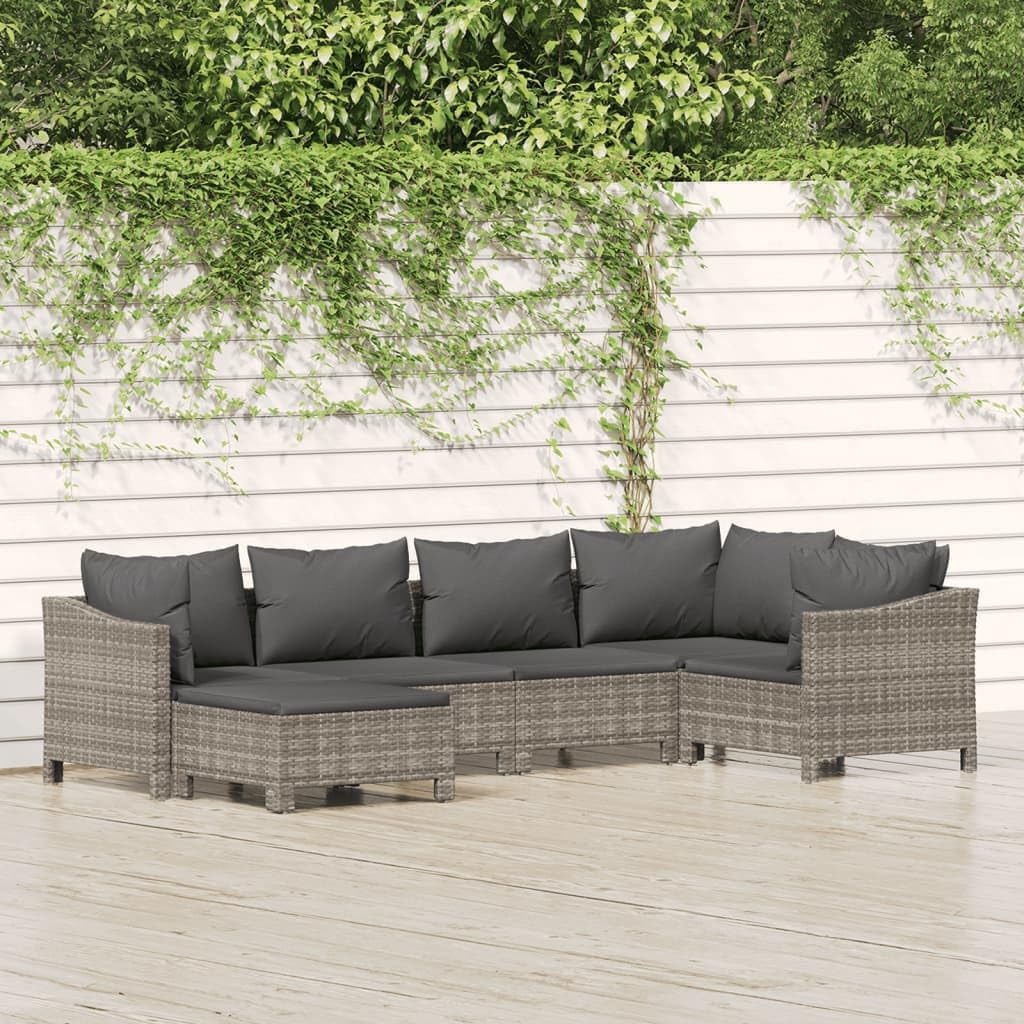 vidaXL 6 Piece Modern Patio Lounge Set with Cushions, Gray Poly Rattan Outdoor Furniture with Stable Steel Frame, Modular Design, Comfortable Seats