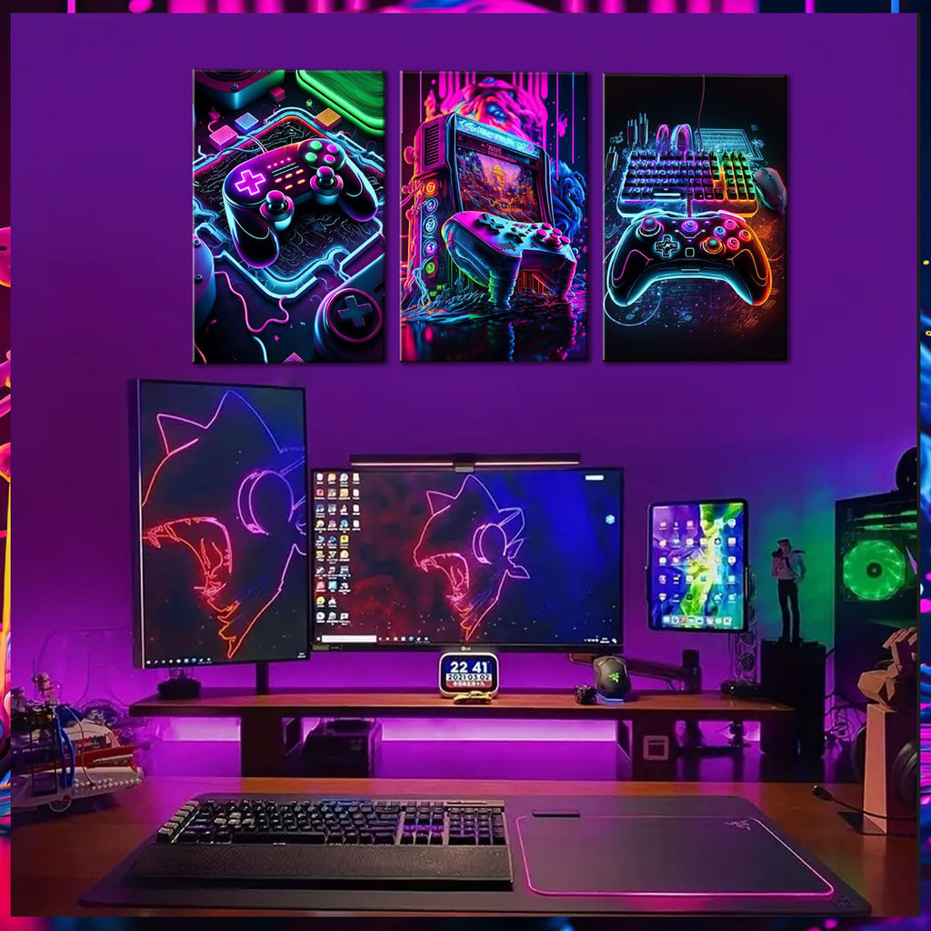 Bgfce 3Pcs Game Room Decor Neon Gaming Wall Art Posters Gamer Accessories Theme Canvas Print Game Console Painting Picture For C