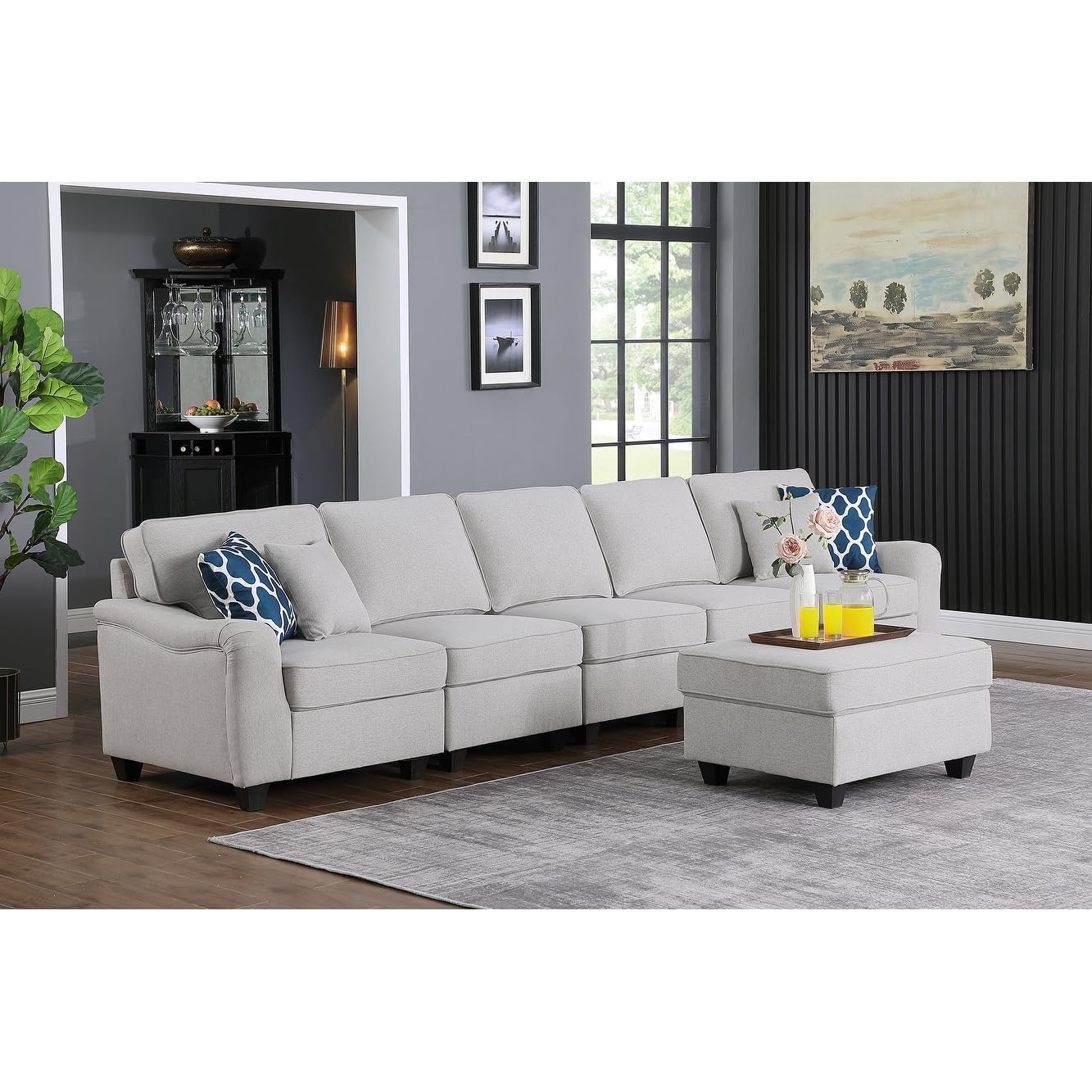 Lilola Home Leo Light Gray Linen 6 Seater Sofa and Ottoman