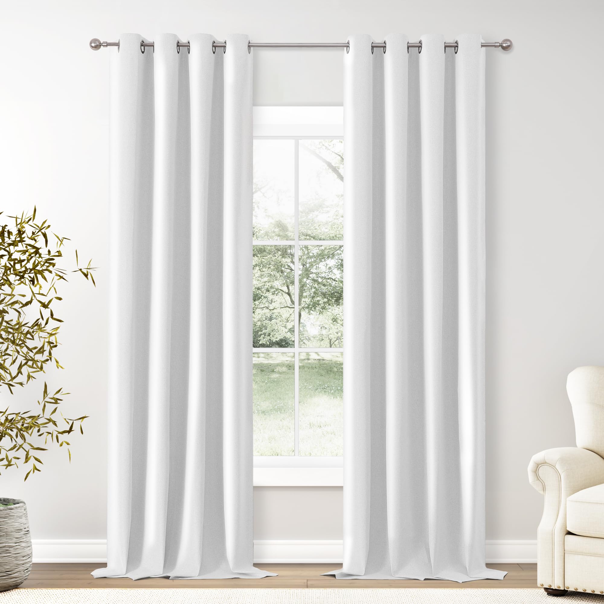 ChrisDowa White Linen Textured Blackout Curtains 102 Inches Long for Living Room Farmhouse Grommet Room Darkening Insulated Curt