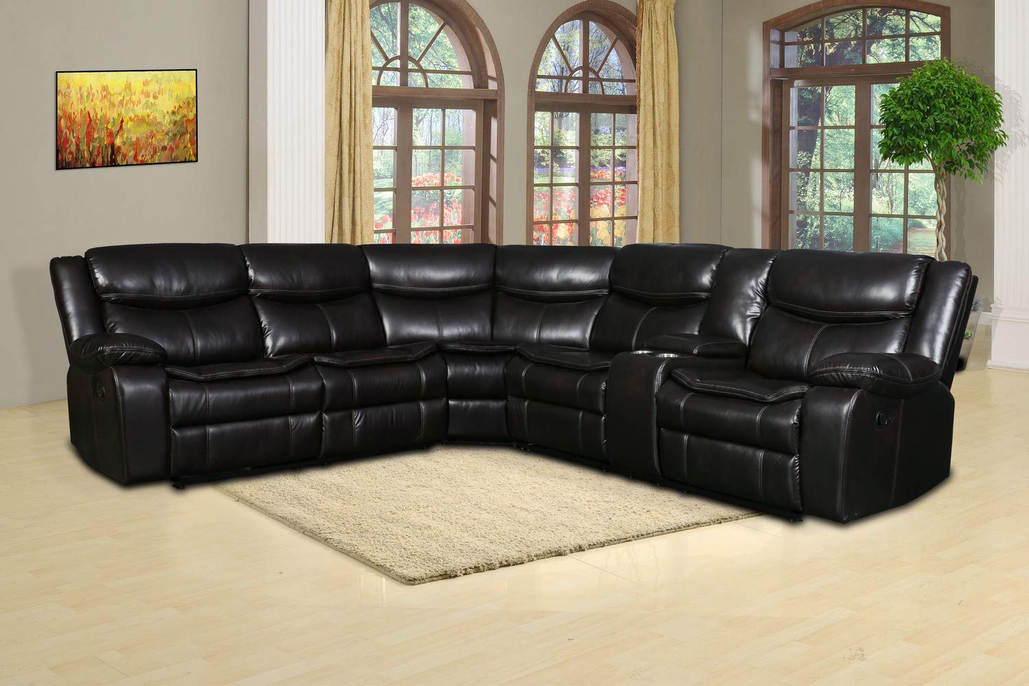 Homeroots Leather Upholstery/Solid Wood Frame 92'/106' X 37' X 39' Brown Reclining Sectional