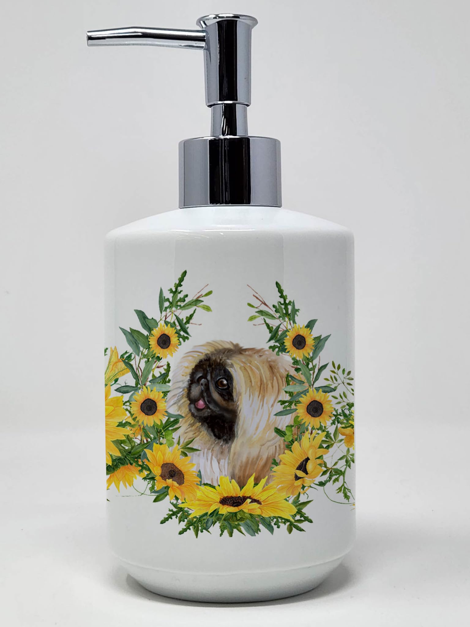 Caroline's Treasures CK2873SOAP Pekingese in Sunflowers Ceramic Soap Dispenser Hand Soap Dispenser Pump Bottles for Bathroom Kit