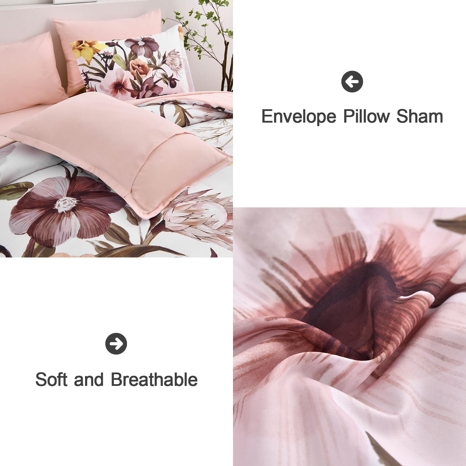 Luxudecor Floral Comforter Set King Size 7 Piece, Blush Flower Bed In A Bag, Elegant Floral Comforter With Sheet Set, Soft Micro