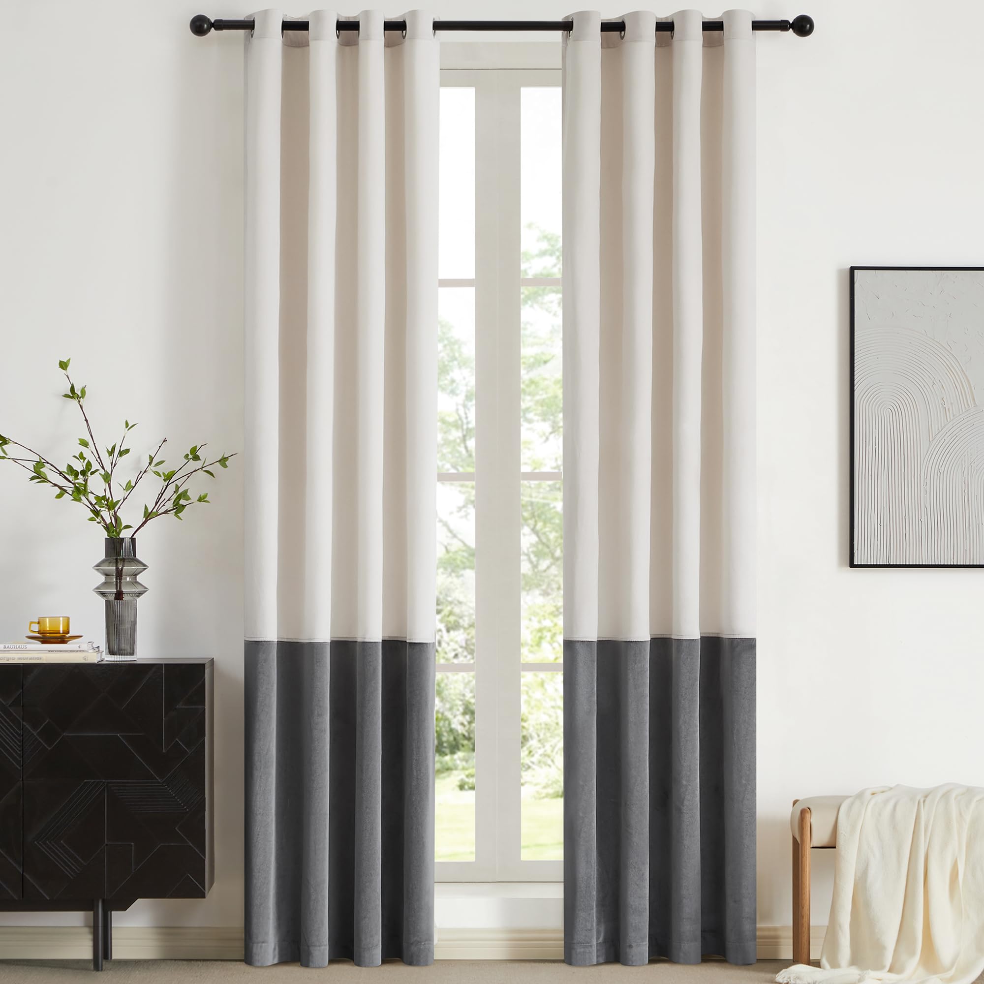 Bulbul Color Block Window Curtains Panels 90 Inches Long Cream Ivory Grey Velvet Farmhouse Drapes For Bedroom Living Room Darken
