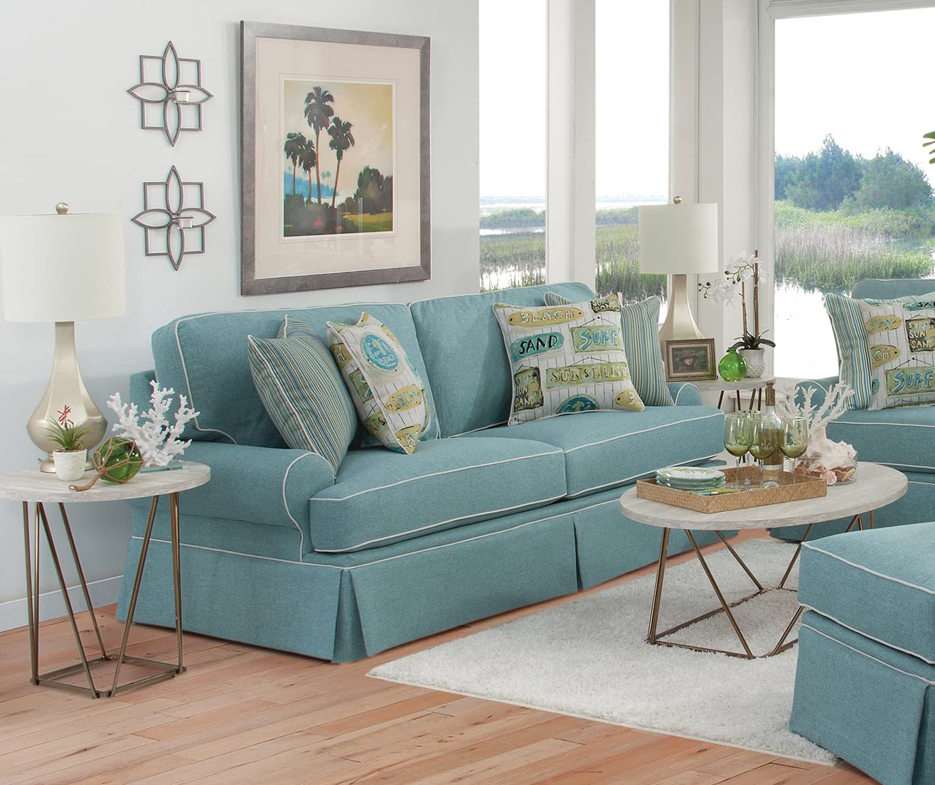 American Furniture Classics Model 8-040M-S275A Coastal Aqua Series Sleeper Sofa With Four Accent Pillows