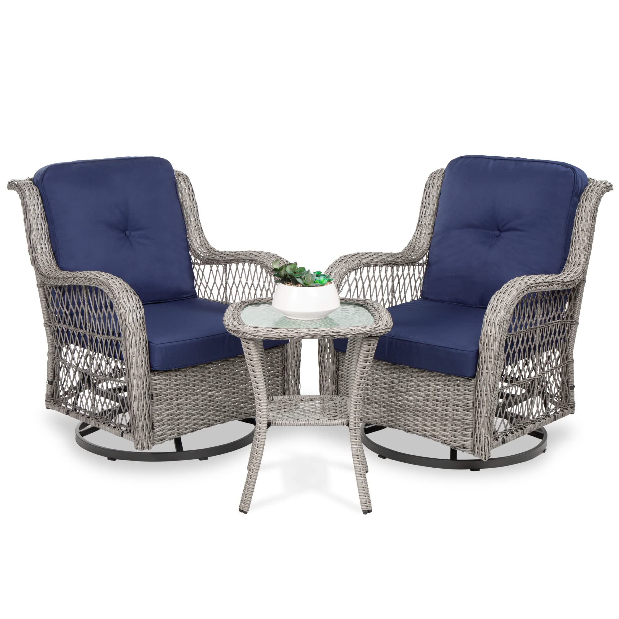 Best Choice Products 3Piece Outdoor Wicker Patio Bistro Set w/ 2 360Degree Swivel Rocking Chairs and Tempered Glass Top Side T