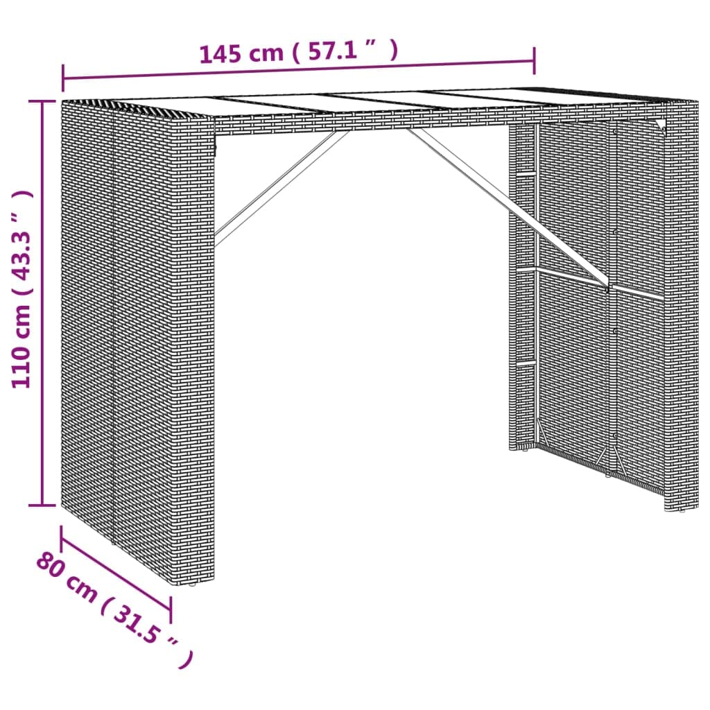 vidaXL Modern Bar Table with Tempered Glass Top and PE Rattan - Black Pub Table with Powder-Coated Steel Frame for Outdoor, Patio and Garden Use, 57.1"x31.5"x43.3"