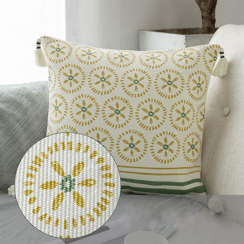 Modern Homes Boho Cushion Covers With Tassels (Green & Yellow, 16X16 Inch)