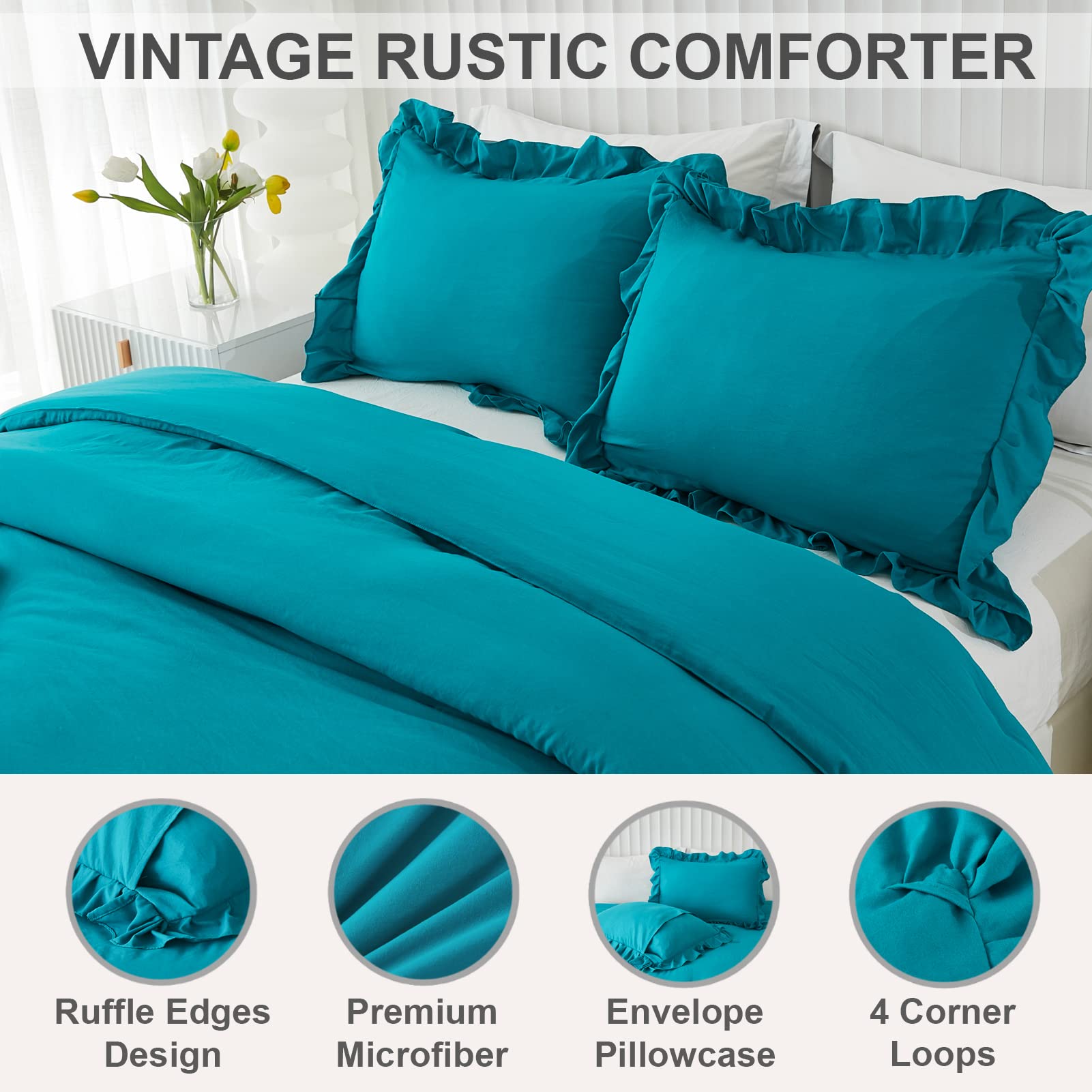 Andency Turquoise King Comforter Set(104X90Inch), 3 Pieces(1 Ruffle Comforter And 2 Pillowcases) Lightweight And Fluffy Bedding Comforter Set, All Season Soft Microfiber Shabby Chic Bedding Set