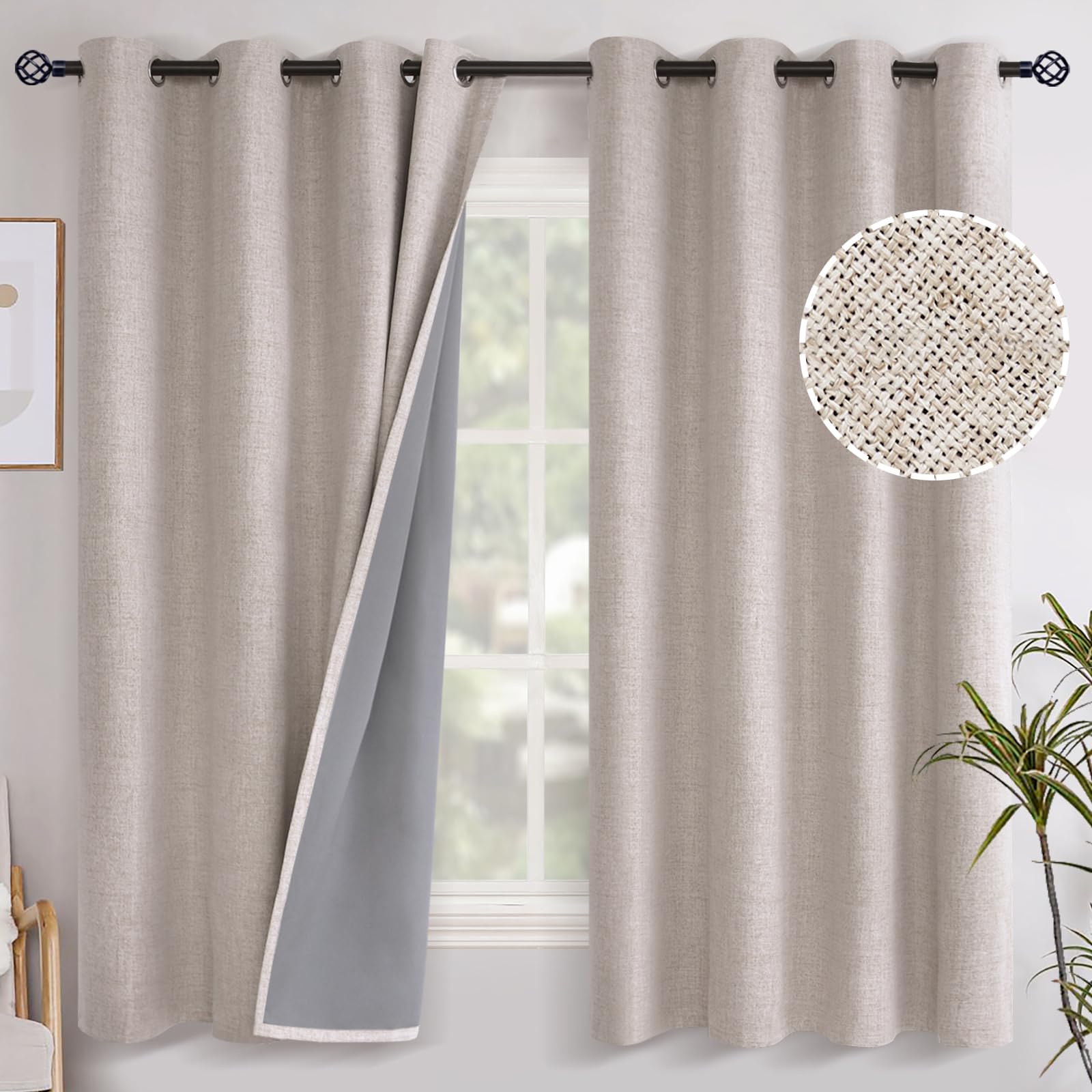 Youngstex Linen Blackout Curtains 63 Inch Length, Grommet Darkening Bedroom Curtains Burlap Linen Window Drapes Thermal Insulate