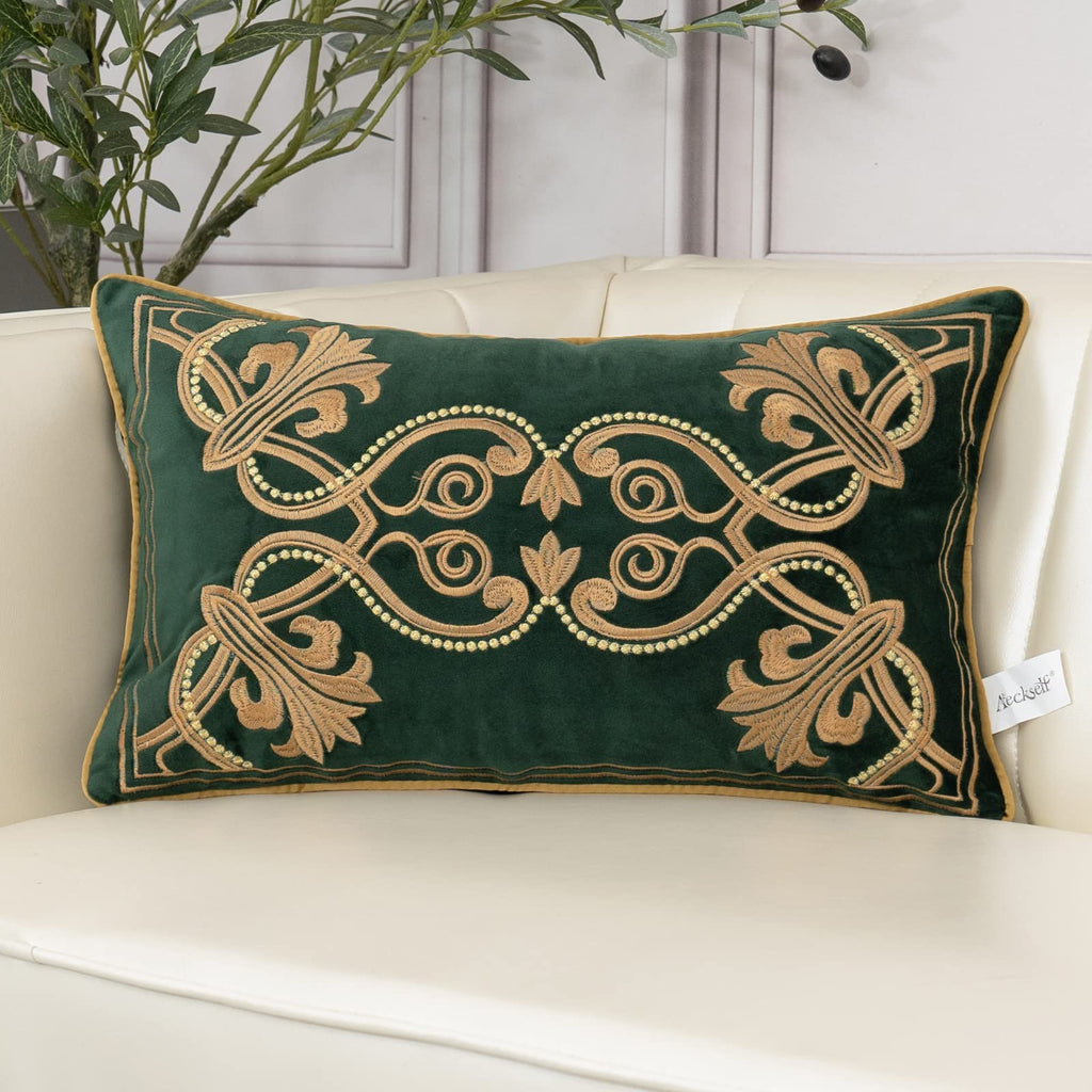 Aeckself European Luxury Velvet Lumbar Throw Pillow Cover 12 X 20 Inch, Embroidery Floral Pillow Cover Home Decor Oblong Pillowc