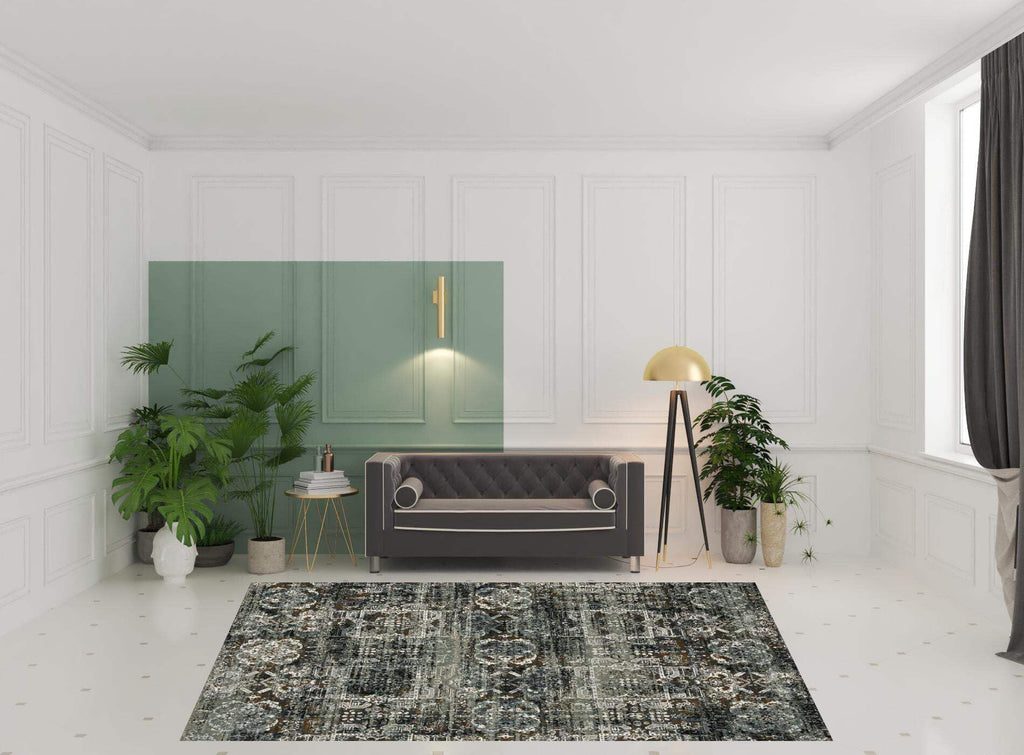 HomeRoots 508908 8 x 11 ft. Ivory Charcoal Gray Blue Rust Gold & Brown Oriental Power Loom Stain Resistant Rectangle Area Rug