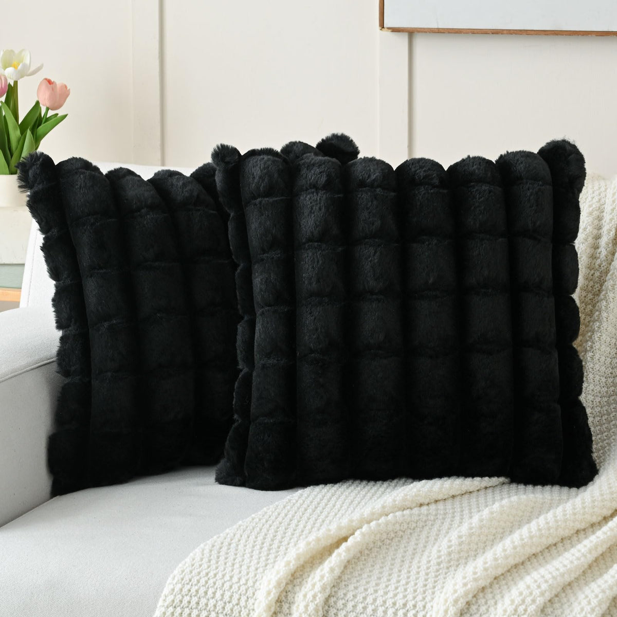 Futei Black Decorative Throw Pillow Covers 18X18 Inch Set Of 2, Square Soft Faux Rabbit Fur Big Plaid Cushion Cover,Home Decor F