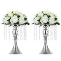 Nuptio 2 Pcs Tabletop Metal Wedding Flower Vase, 10.2in/26cm Height Vases for Centerpieces Silver Crystal Flower Stand for Anniv