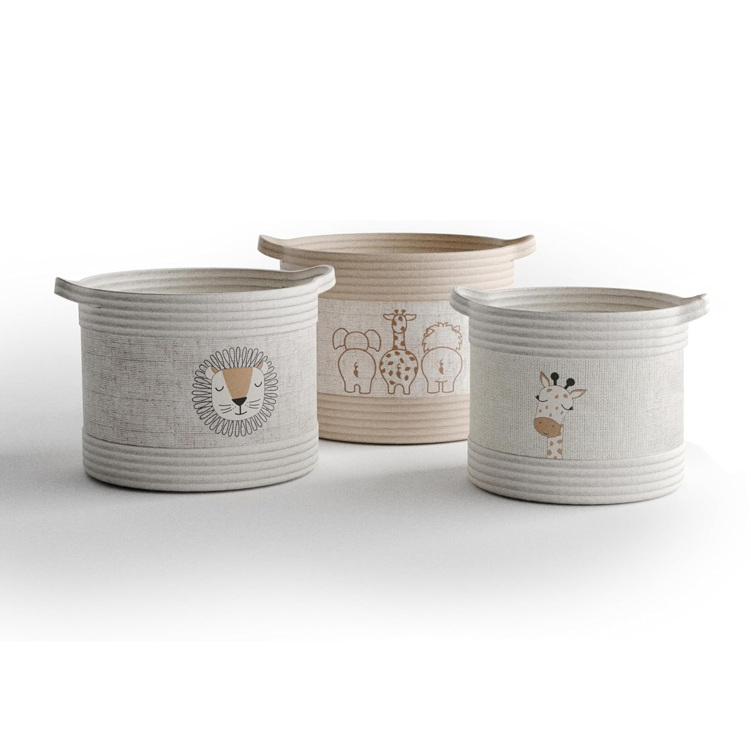RGI Home Decorative Storage Baskets with Safari Animal Prints - Set of 3 Round Fabric Rope and Linen Organizer Bins for Nursery 