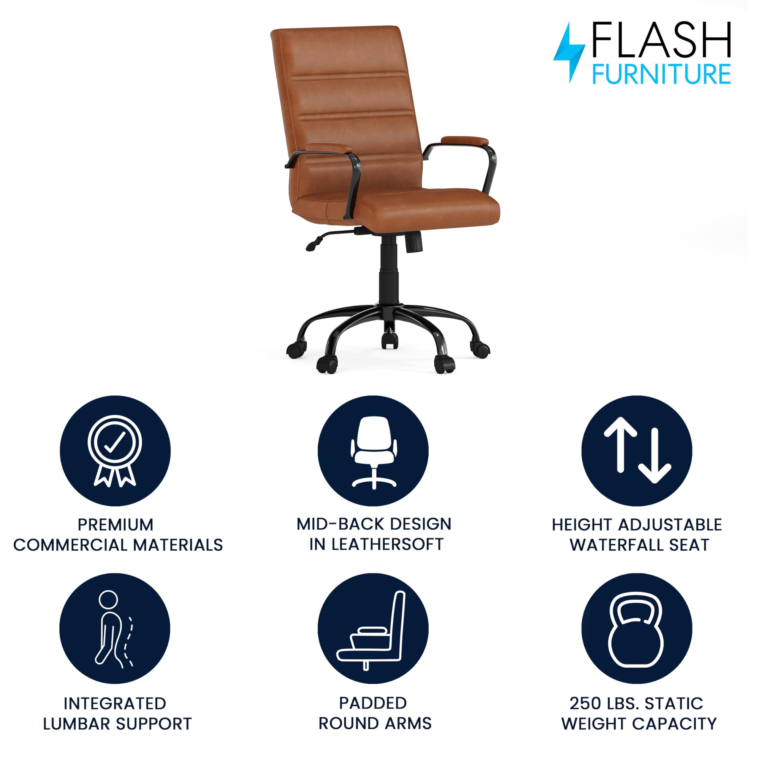 Flash Furniture Whitney Mid-Back Swivel Leather Desk Chair with Padded Seat and Armrests, Adjustable Height Padded Leather Office Chair, Brown/Black