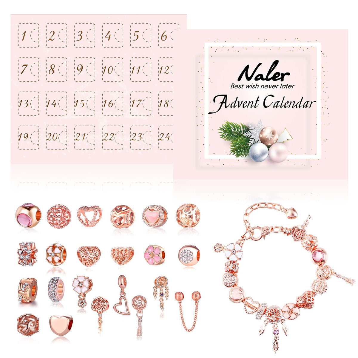 Naler Christmas Jewelry Advent Calendar 2024 Christmas Countdown Calendar Jewelry Kit for Women - Includes 22 Pendant Beads Jewe