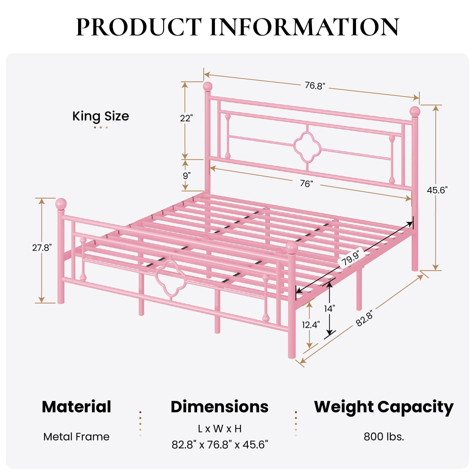 Sha Cerlin 14 Inches King Size Metal Platform Bed Frame/Vintage Iron-Art Headboard And Footboard/Mattress Foundation For Storage/No Box Spring Needed/Noise-Free/Easy Assembly/Pink