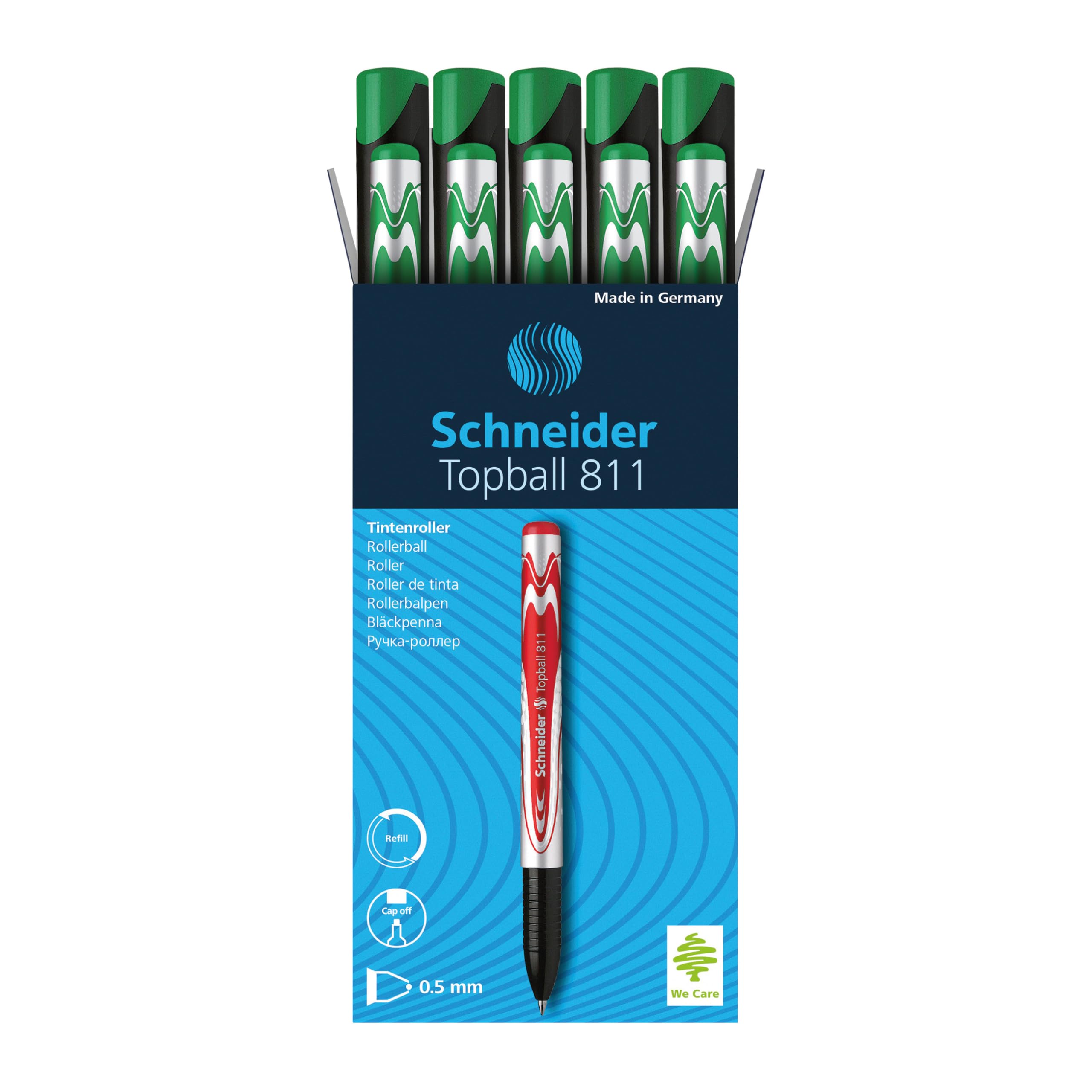 Schneider Topball 811 Rollerball Pen, 0.5 Mm Conical Tip, Refillable, Green Ink, Box Of 10 Pens (8114)