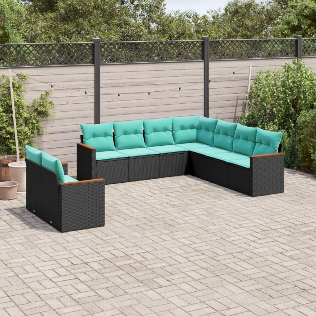 vidaXL - Patio Sofa Set with Cushions 9 Piece Black Poly Rattan Outdoor/Garden Furniture - Modular Weather-Resistant Seating for Patio/Terrace - Includes Blue Cushions and Storage Bags