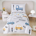 Perfemet 4 Pcs Toddler Bedding Set Cartoon Cars Printed Toddler Bed In A Bag Soft Reversible Cars Bus Trucks Print Toddler Bed S