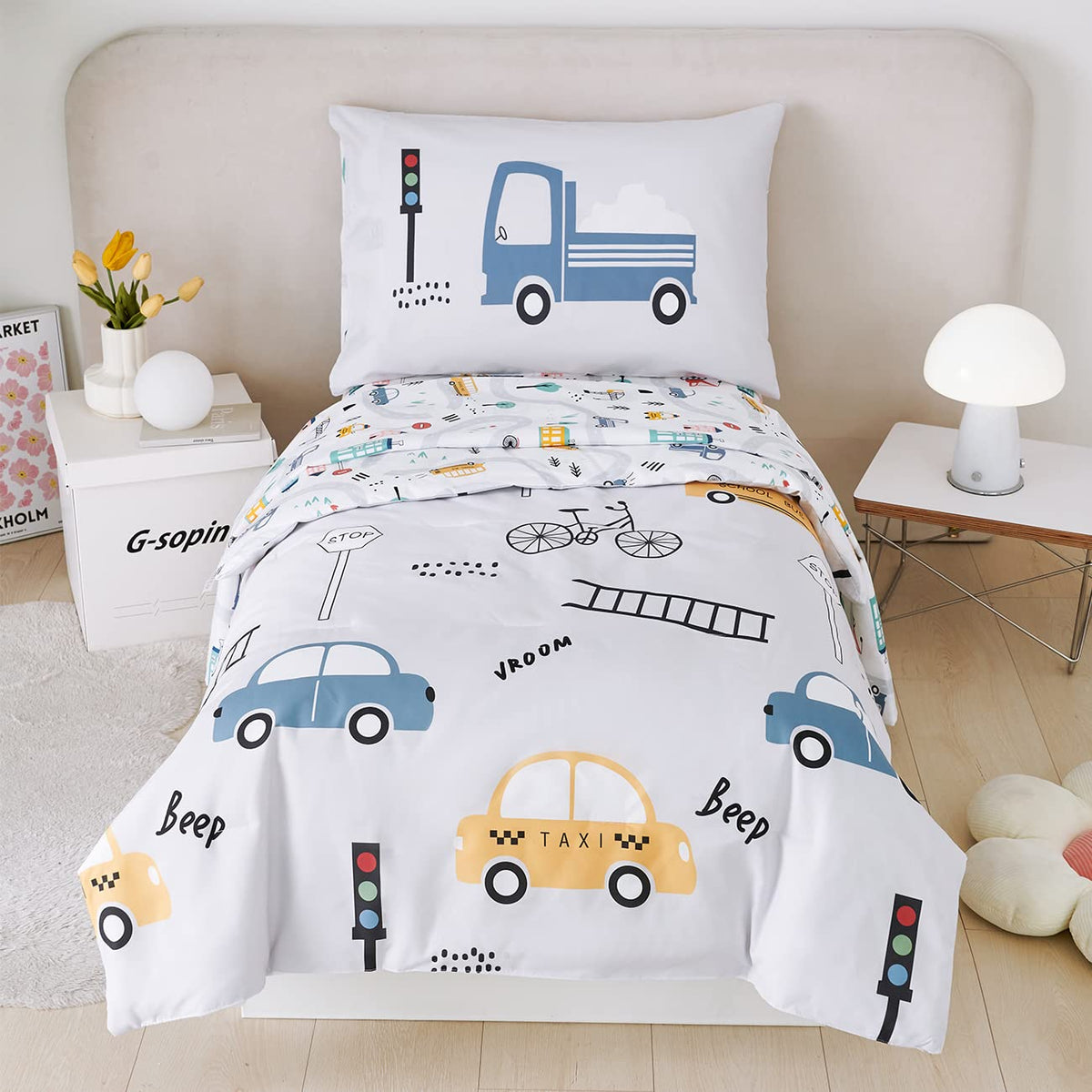 Perfemet 4 Pcs Toddler Bedding Set Cartoon Cars Printed Toddler Bed In A Bag Soft Reversible Cars Bus Trucks Print Toddler Bed S