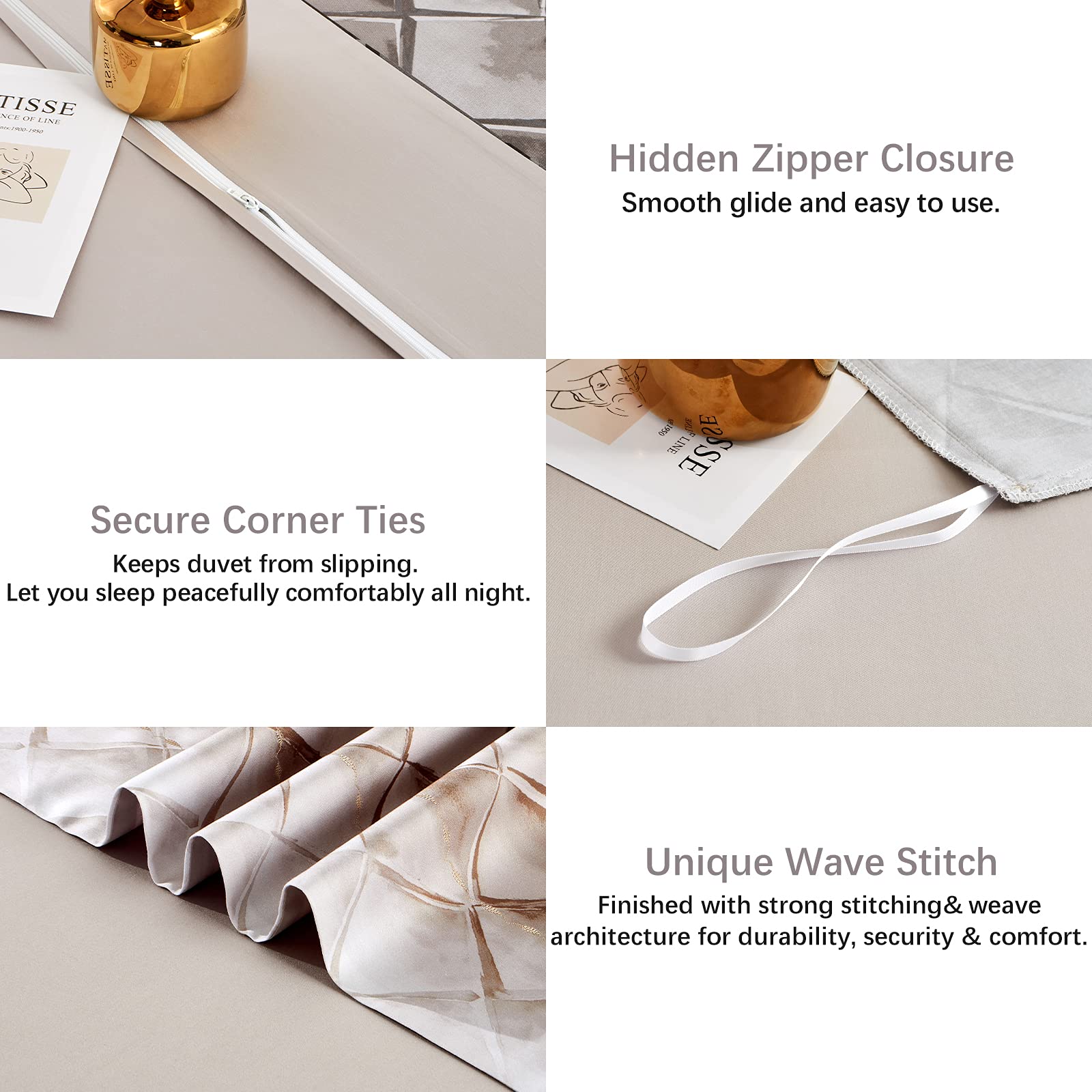 Mildly 100% Egyptian Cotton Duvet Cover King, Gray Beige Geometric Pattern Comforter Cover Set 500Tc Modern Abstract Reversible