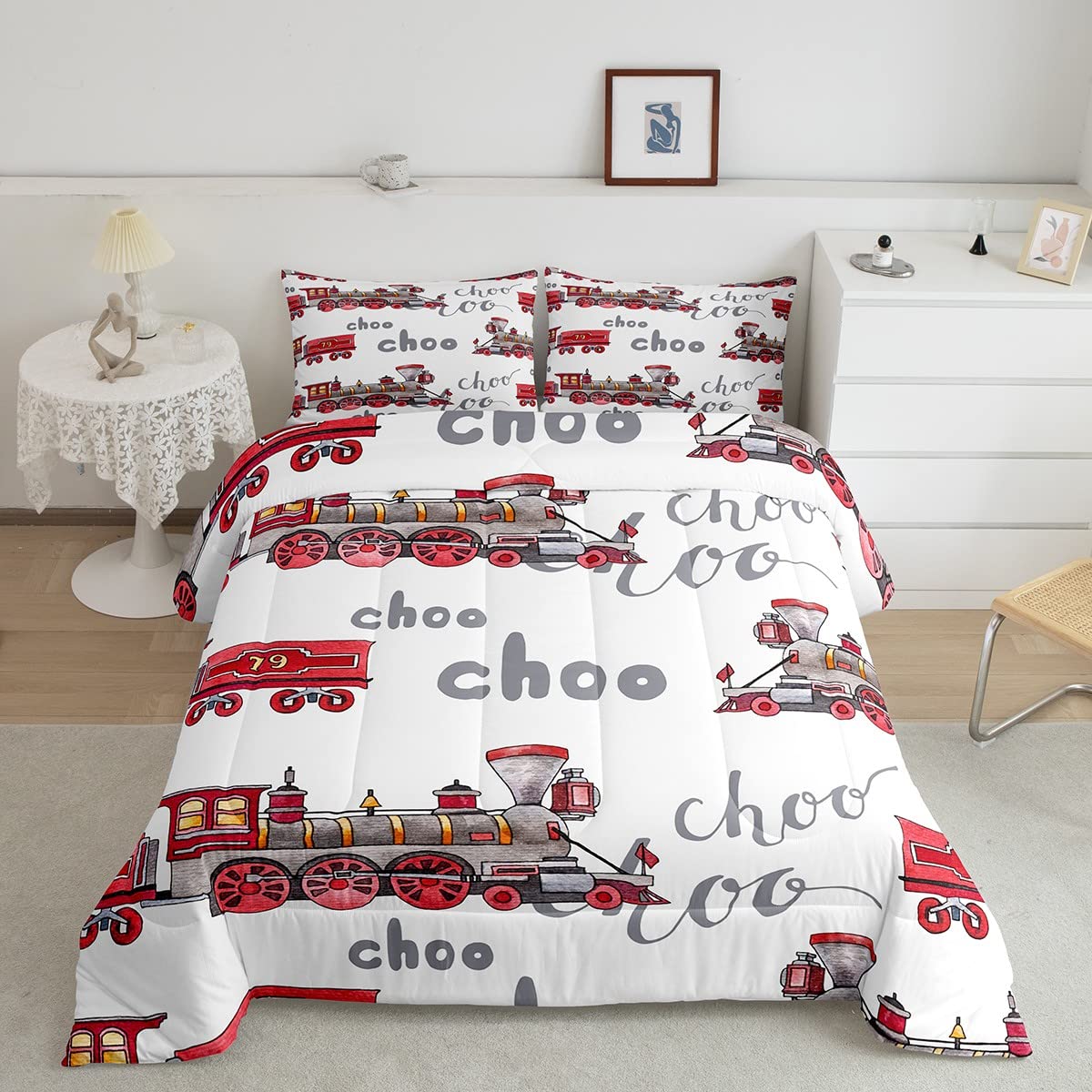 Cartoon Car Bedding Set Kids Train Comforter Set Boys Girls Choo-Choo Rail Roads Tracks Decor Comforter Microfiber Train Constru