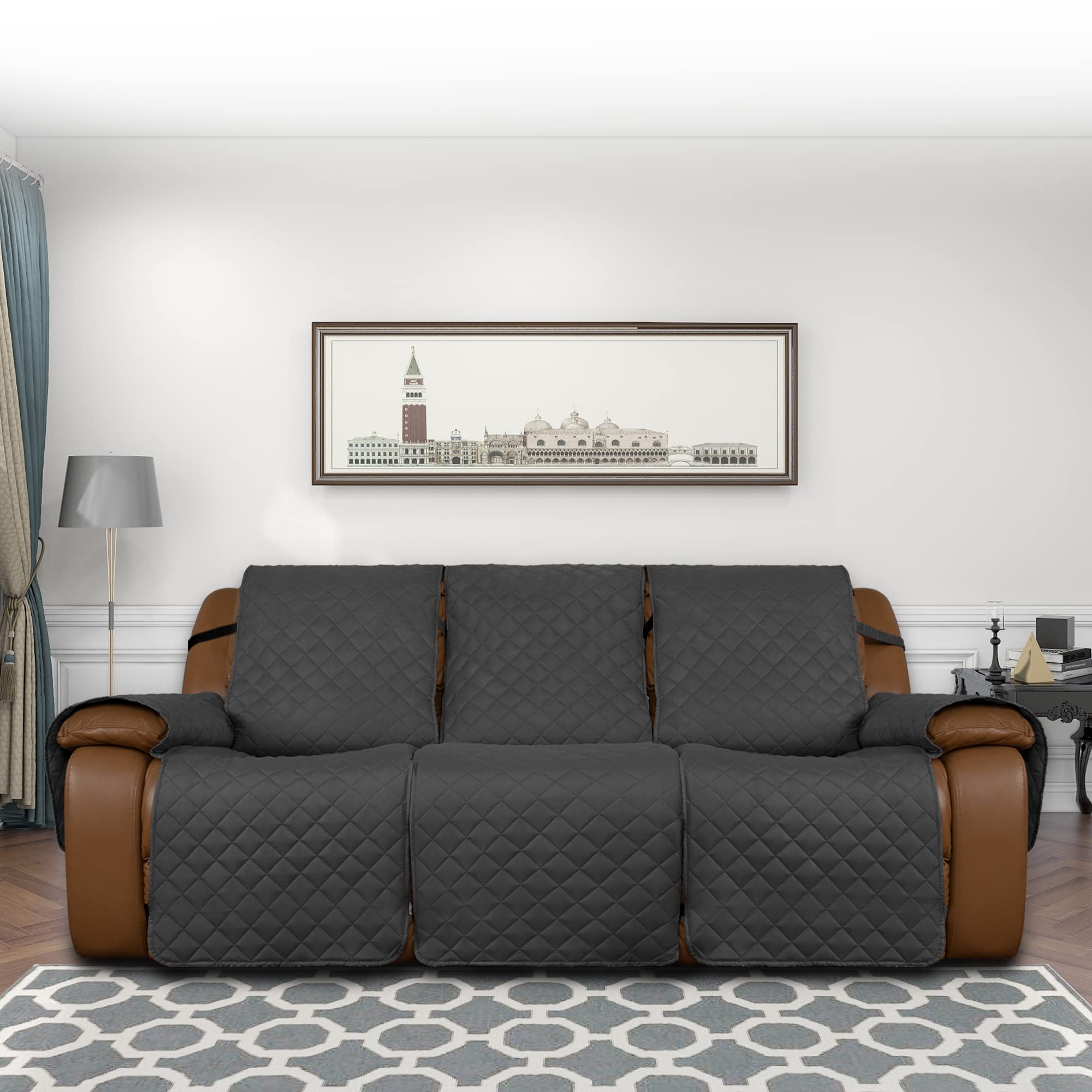 Easy-Going Oversized Recliner Sofa Cover, Reversible Couch Cover For 3 Seat Recliner, Split Sofa Cover For Each Seat With Elastic Straps For Kids, Dogs, Pets (3 Seater, Dark Gray/Dark Gray)