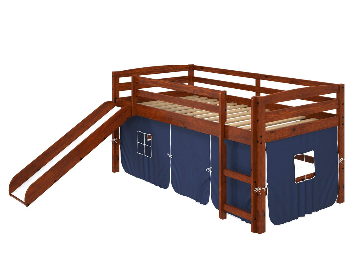 HomeRoots 41' X 81' X 46' Chocolate Solid Pine Blue Tent Loft Bed with Slide and Ladder