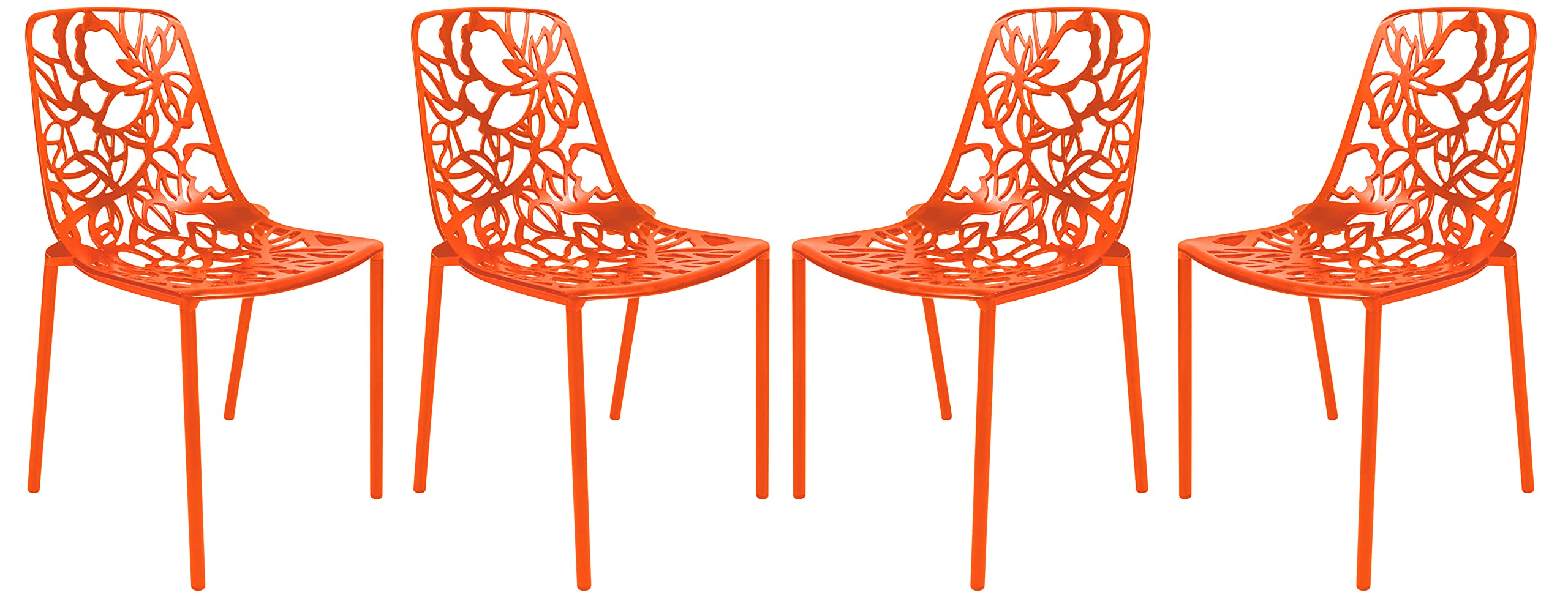 LeisureMod Aluminum Stackable Orange Patio Dining Side Chair with Floral Design, Set of 4