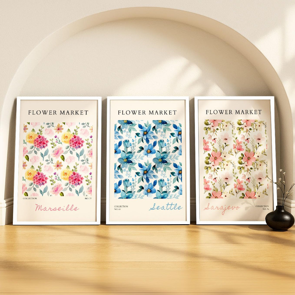 SoulAbiti Flower Market  Marseille Seattle Sarajevo set of 3 Framed Wall Print 12x18 inch White Frame PlexiGlass Floral Art rea