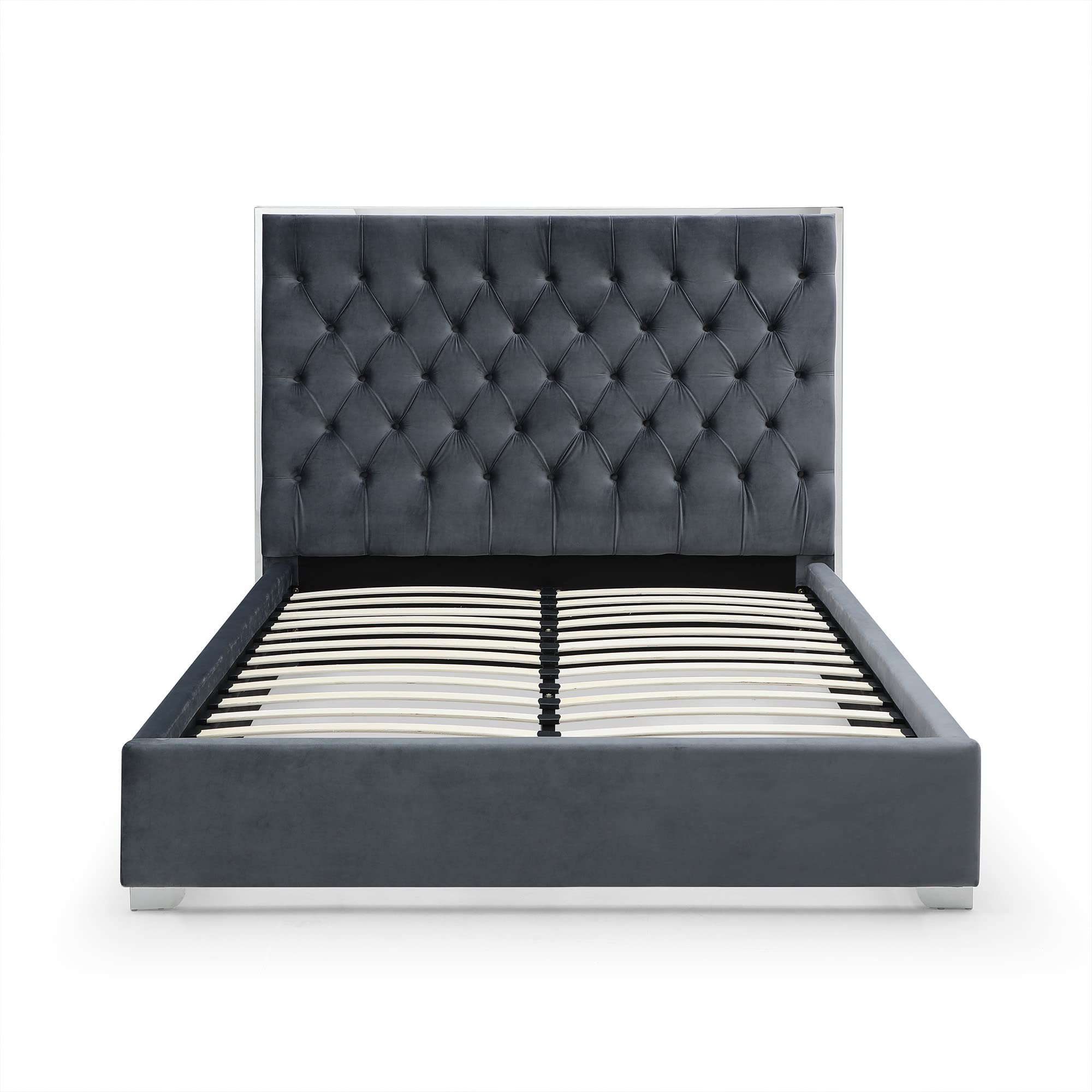 Better Home Products Sophia Velvet King Bed With Silver Metal Frame In Gray