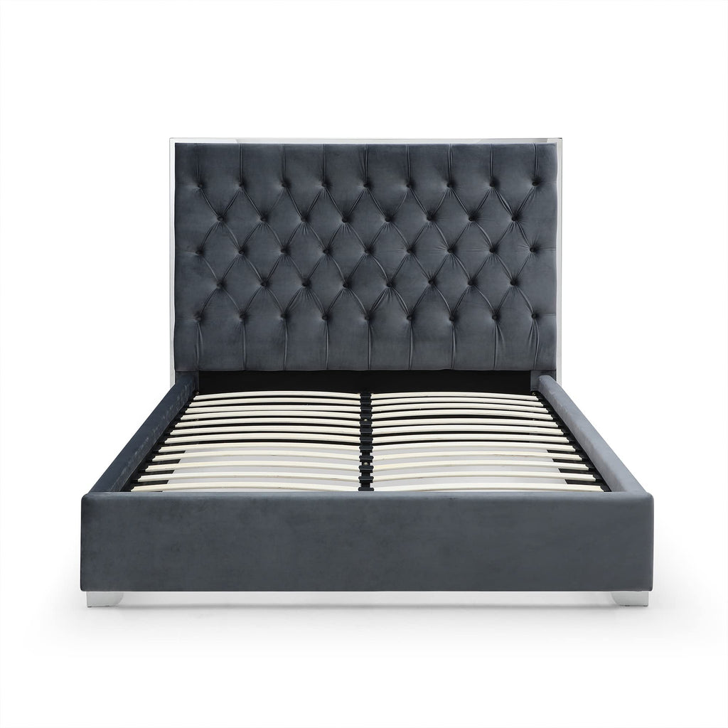 Better Home Products Sophia Velvet King Bed With Silver Metal Frame In Gray
