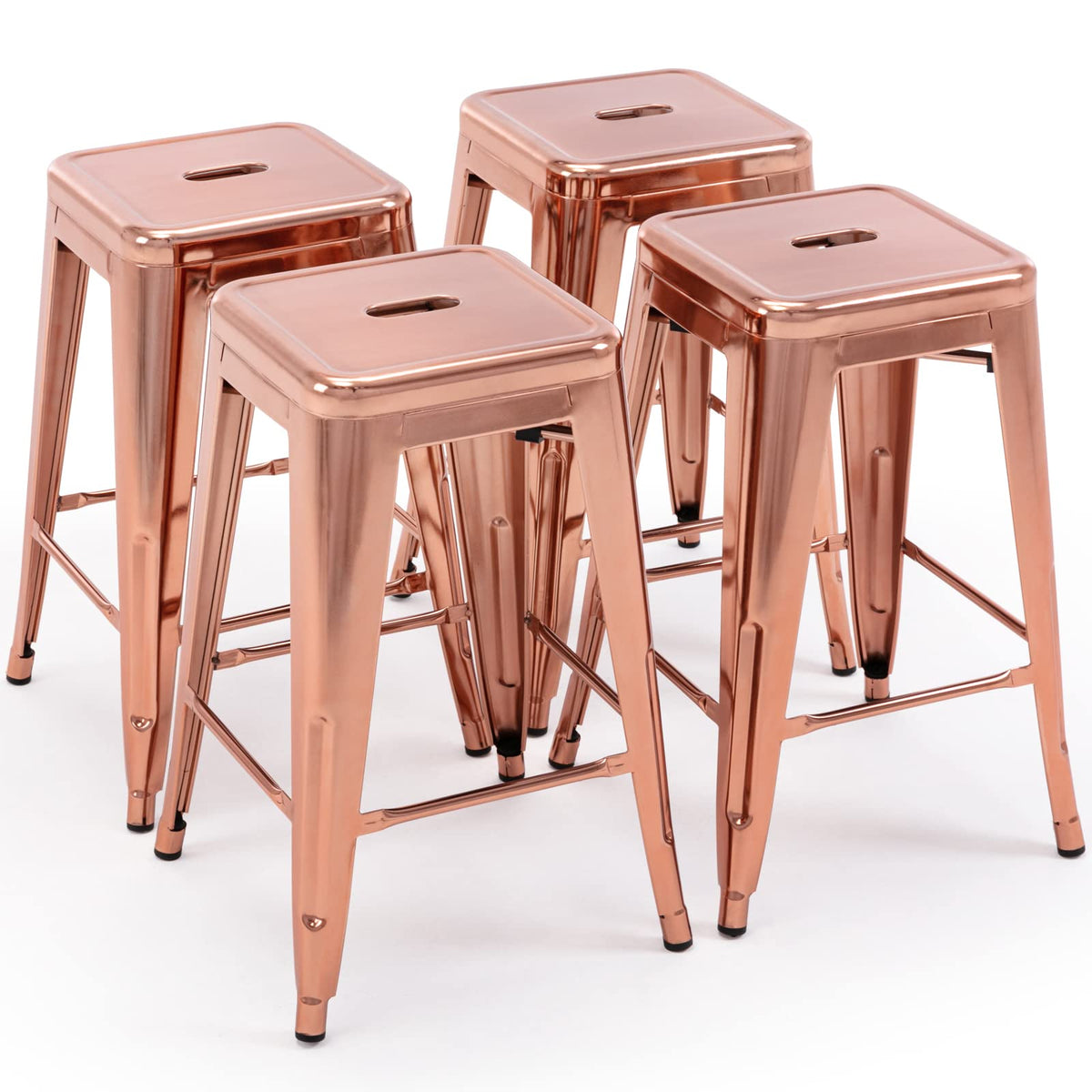 Vogue Furniture Direct 24' Bar Stools Backless Metal Barstools Indoor-Outdoor Counter Height Stools With Square Seat, Set Of 4 (Rose Gold)