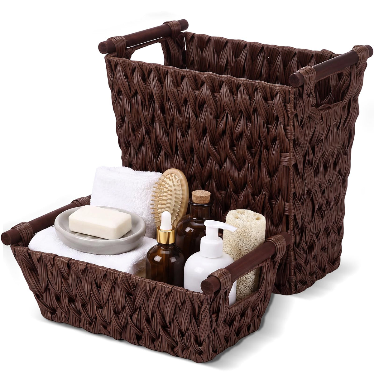 Singhoow 2 Pcs Wicker Basket Set, Laundry Hamper for Bathroom,Dark Brown