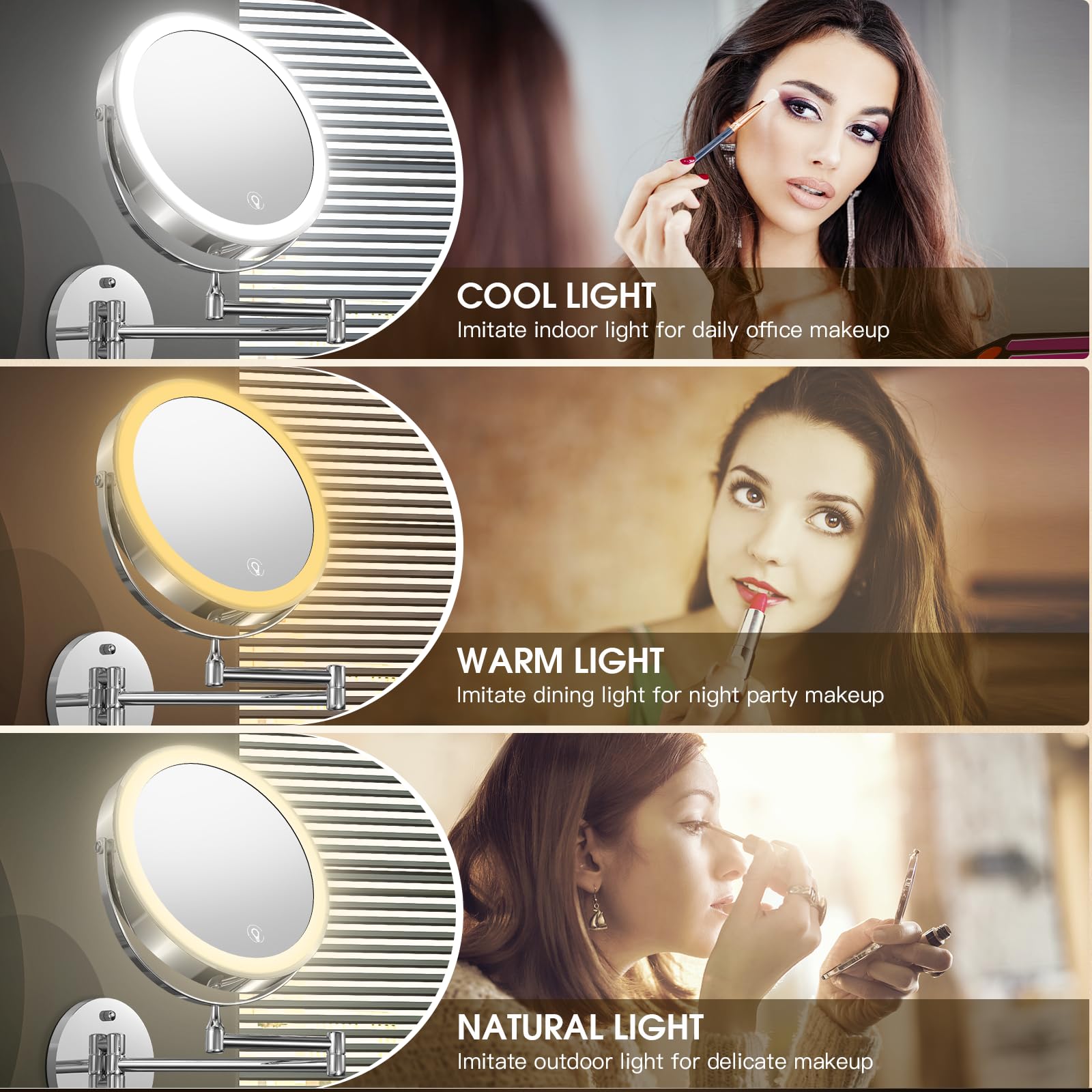 Mnient Wall Mounted Lighted Makeup Mirror, 8' Rechargeable Double-Sided Magnifying Mirror 1X/10X, 3 Colors Led Vanity Mirror Wi