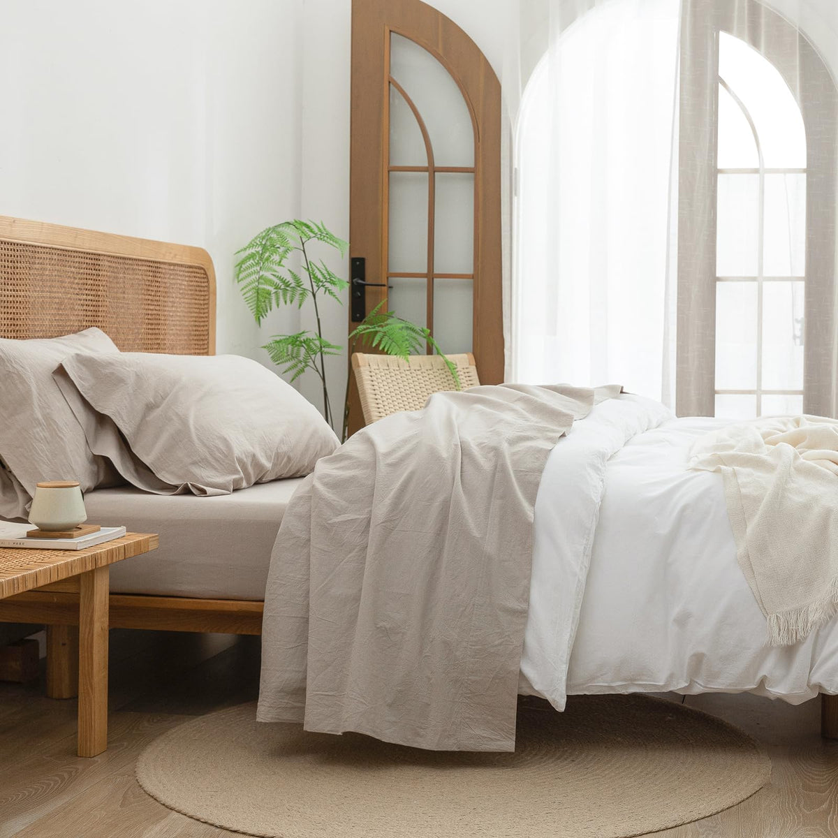 BESTOUCH Sheet Set 100% Washed Cotton Linen Feel Super Soft Comfortable Chic Lightweight 4 Pcs Home Bedding Set Solid Linen Grey
