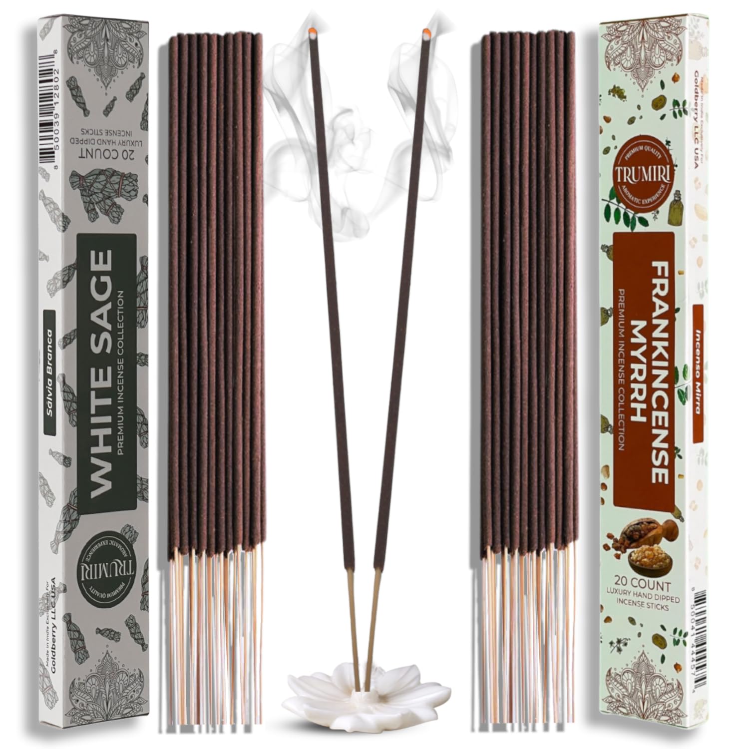 Trumiri Incense Sticks - Combo Pack of 40 Insence-Sticks - 20 White Sage + 20 Frankincense Myrrh - Insenses - Insents - Incents 