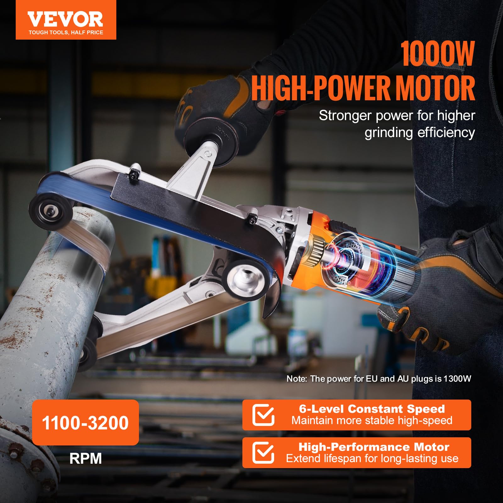 Vevor Pipe Tube Polisher Sander, 1000W Pipe Belt Sander With 6 Variable Speeds 1100-3200Rpm, Professional Belt Sander Grinding M